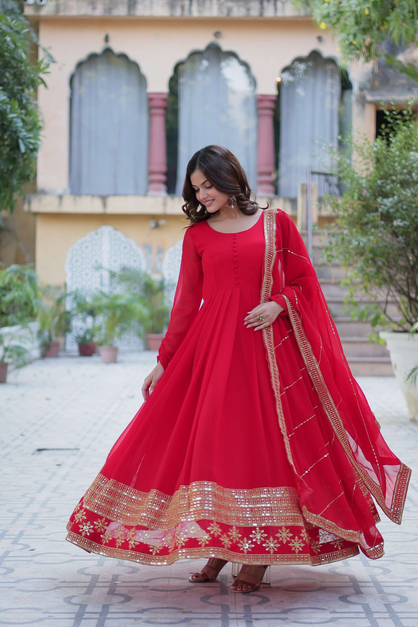 Red Faux Blooming Gown with Multi-Sequins Embroidered Dupatta - Image 5