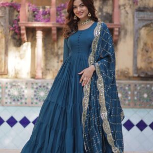 Rama Star Georgette Fully Flared Gown with Sequins Embroidered Dupatta
