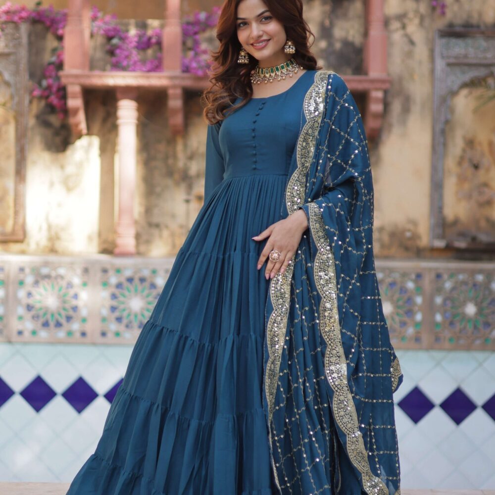 Rama Star Georgette Fully Flared Gown with Sequins Embroidered Dupatta