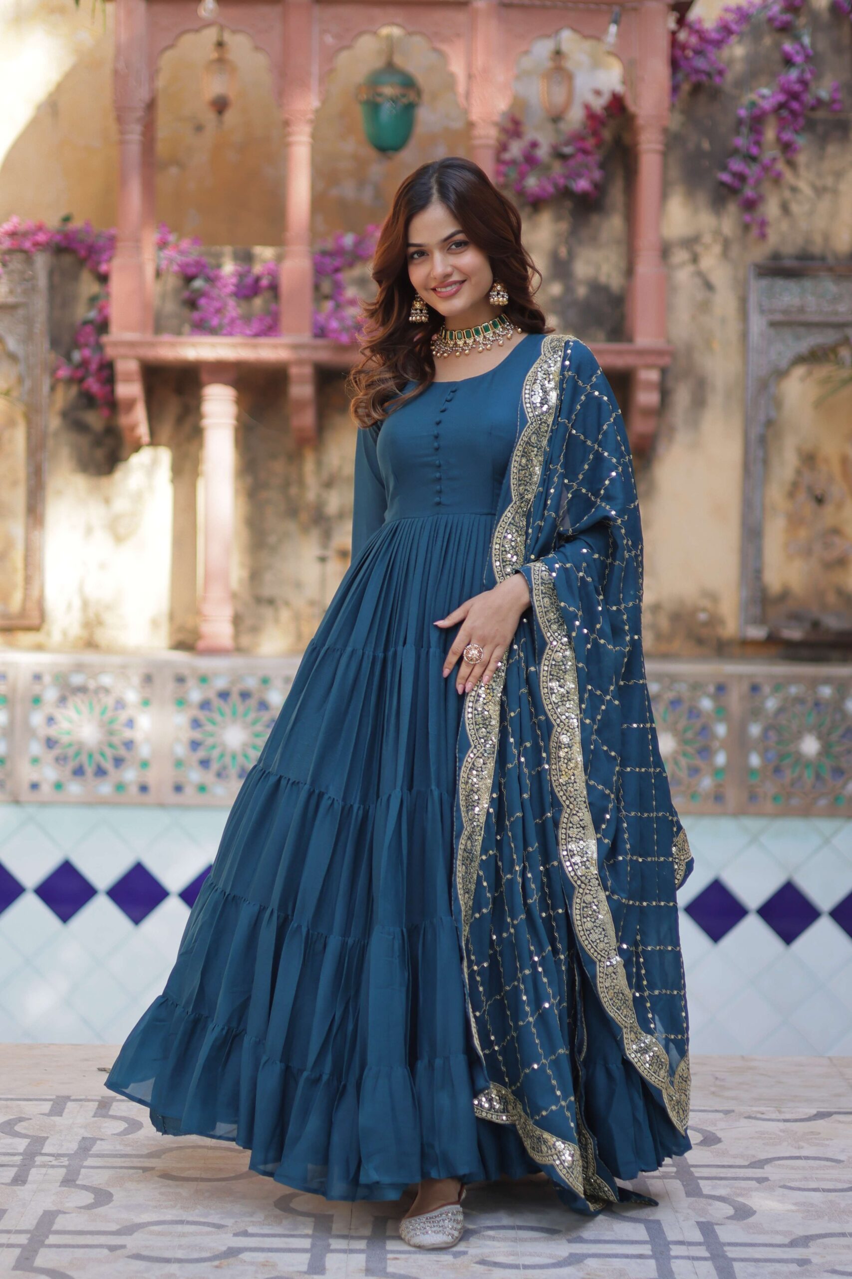 Rama Star Georgette Fully Flared Gown with Sequins Embroidered Dupatta