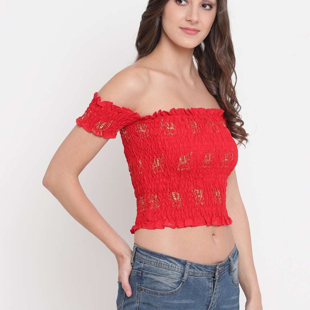 Women's Rayon Printed Off-Shoulder Smocked Crop Top Short Sleeve Casual Styles Tank Top (FREE SIZE) Multi11