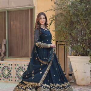 Rama Faux Blooming Georgette Designer Gown with Zari & Sequins Embroidered Dupatta
