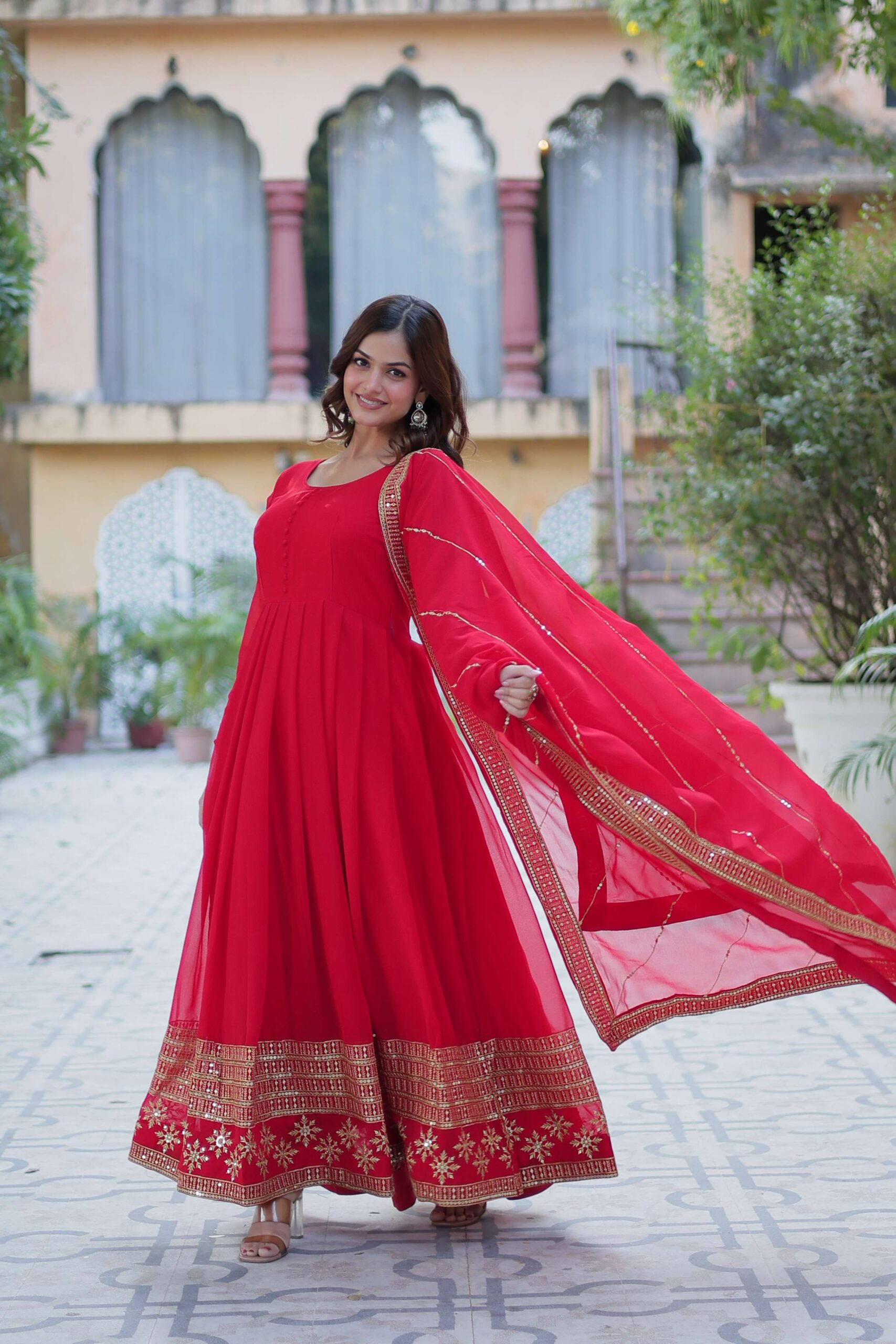 Red Faux Blooming Gown with Multi-Sequins Embroidered Dupatta - Image 7