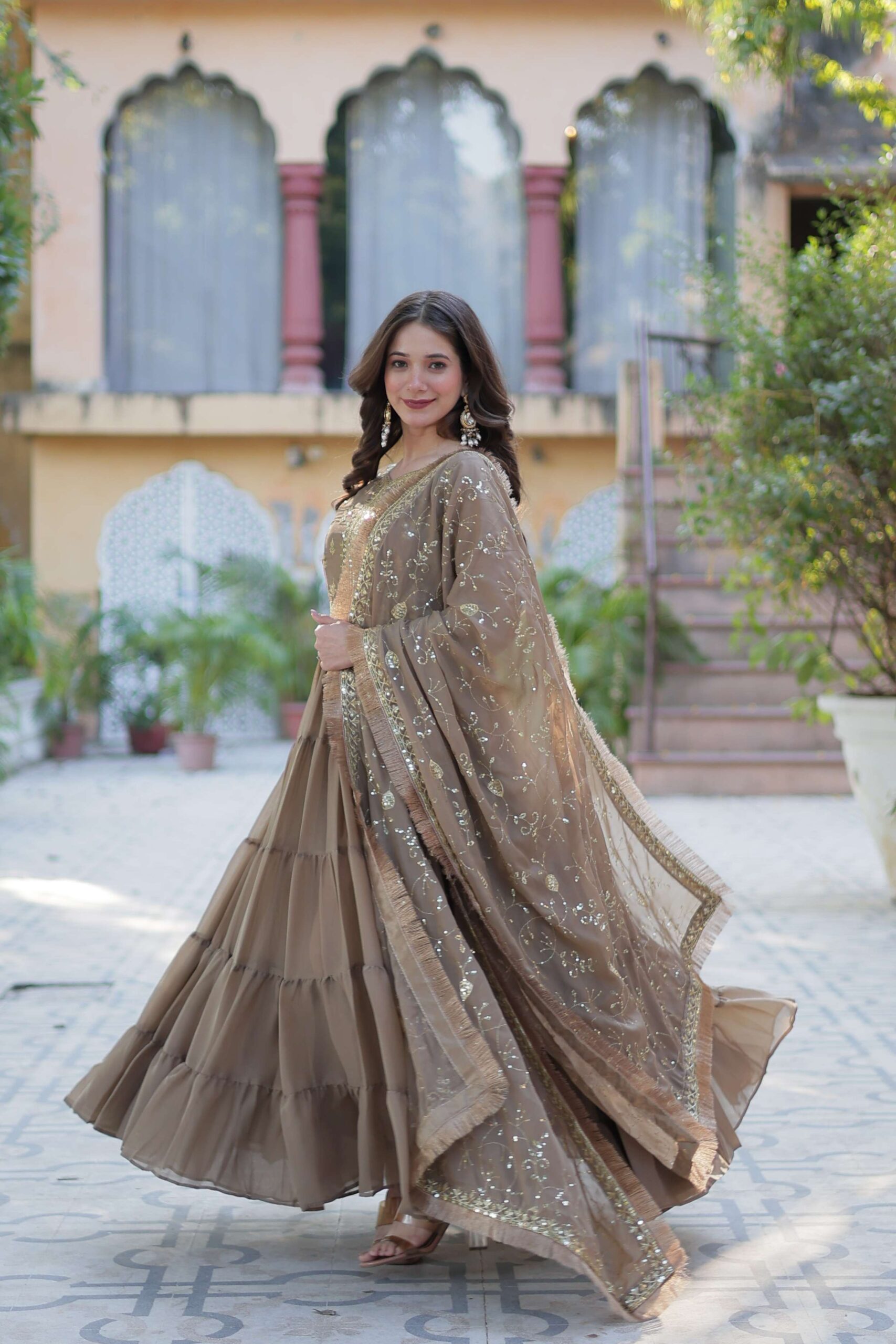 Beige Star Georgette Fully Flared Gown with Sequins Embroidered Dupatta & Lace Border - Image 7