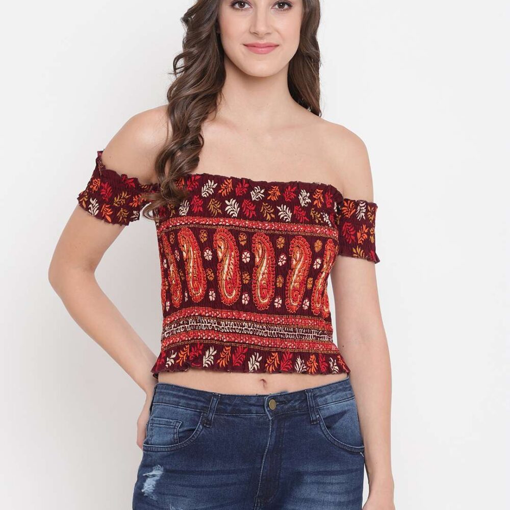 Women's Rayon Printed Off-Shoulder Smocked Crop Top Short Sleeve Casual Styles Tank Top (FREE SIZE) Multi2