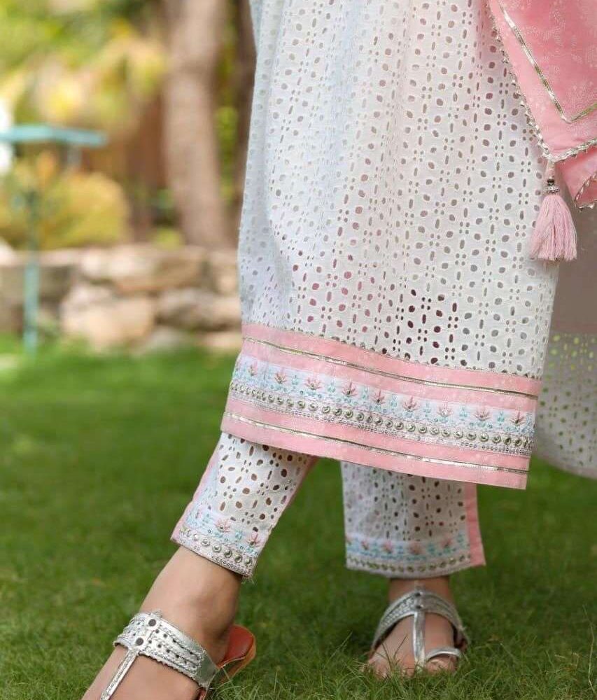 Women's Cotton Embroidered Nayra Cut Kurti With Pant and Dupatta Set