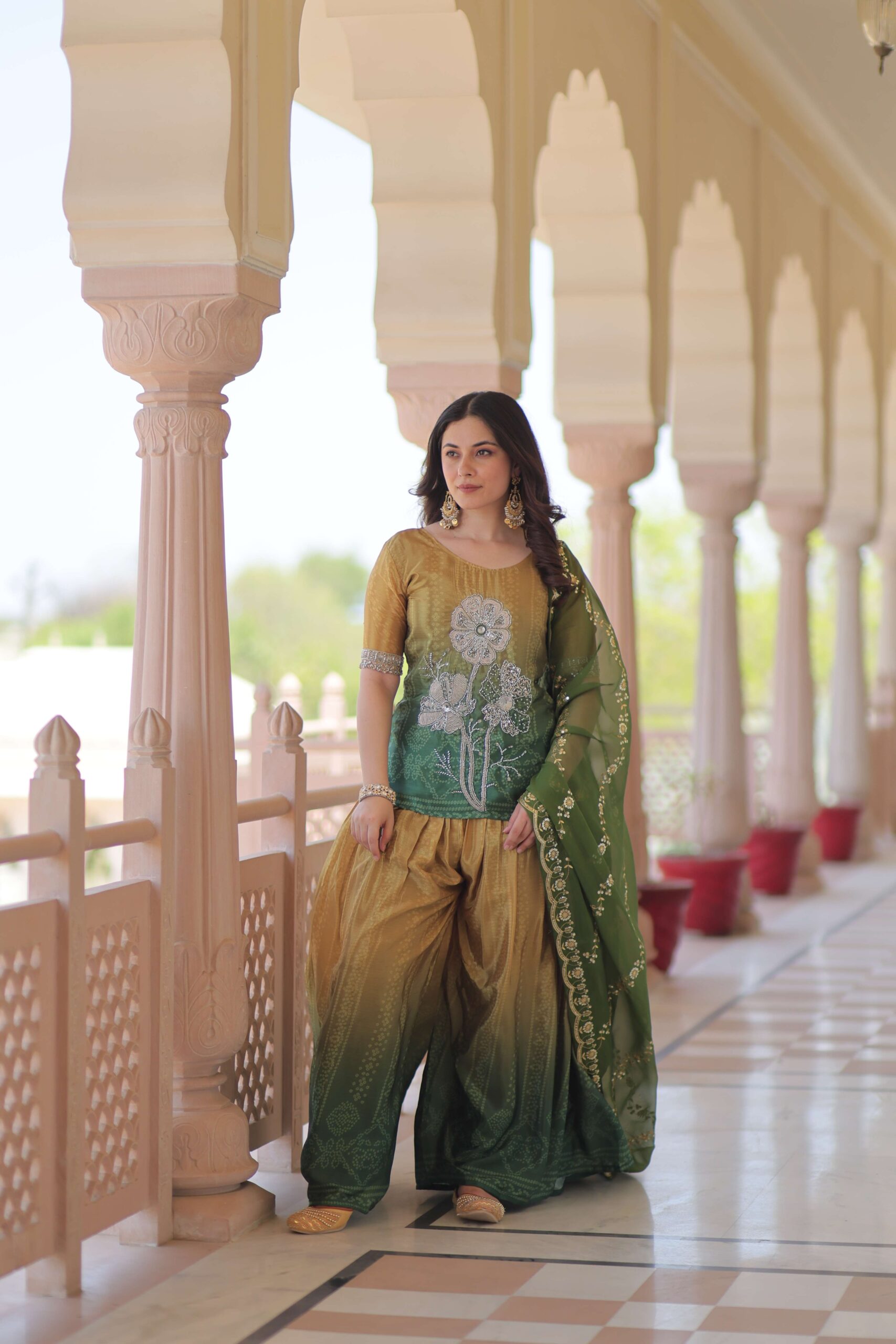Green Premium Designer Chinnon Print Top-Sharara-Dupatta Set with Bead & Zari Work ? Elegant Ethnic Wear for Women - Image 3