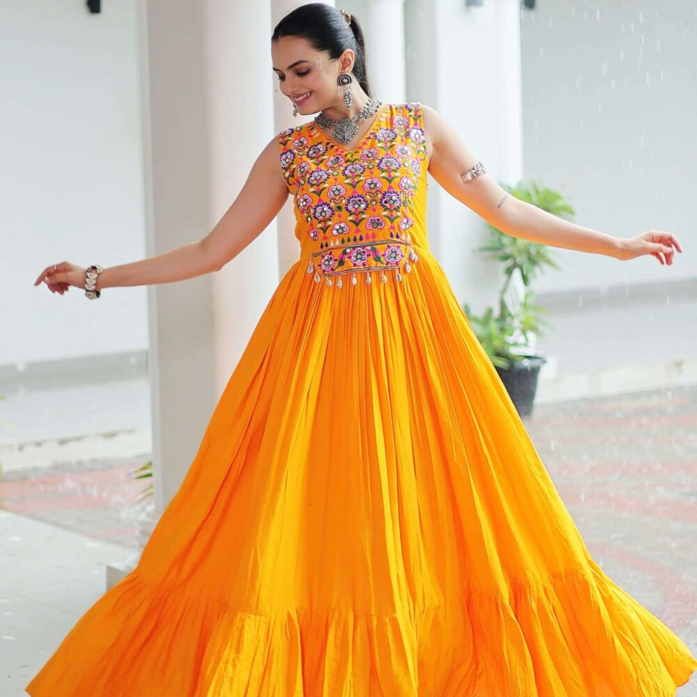 Yellow Elegant Kutchi Embroidered Frill Gown ? Perfect for Navratri Celebrations