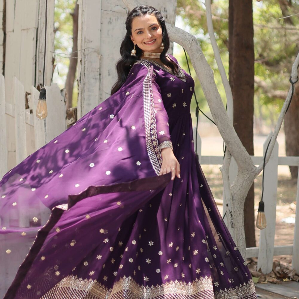 Purple Designer Faux Blooming Anarkali Gown with Sequins Embroidered Dupatta ? Wedding & Festive Wear