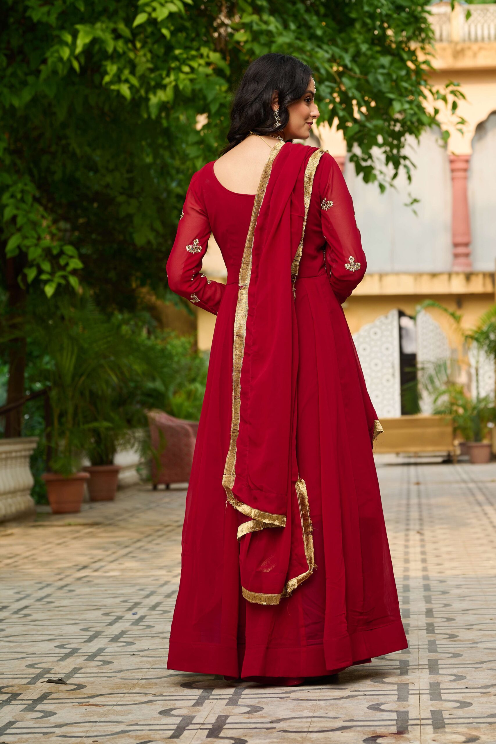 Maroon Elegant Faux Blooming Designer Gown with Sequins & Multi-Thread Embroidery ? Ethnic Dupatta Set - Image 3