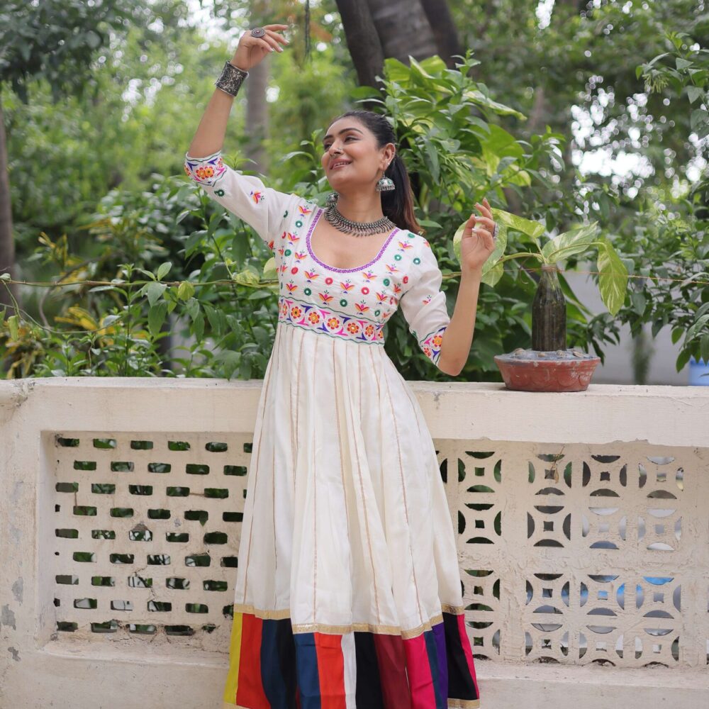 White Navratri Gown with Multicolour Thread Embroidery & Gota Lace ? Elegant Festive Wear for Women