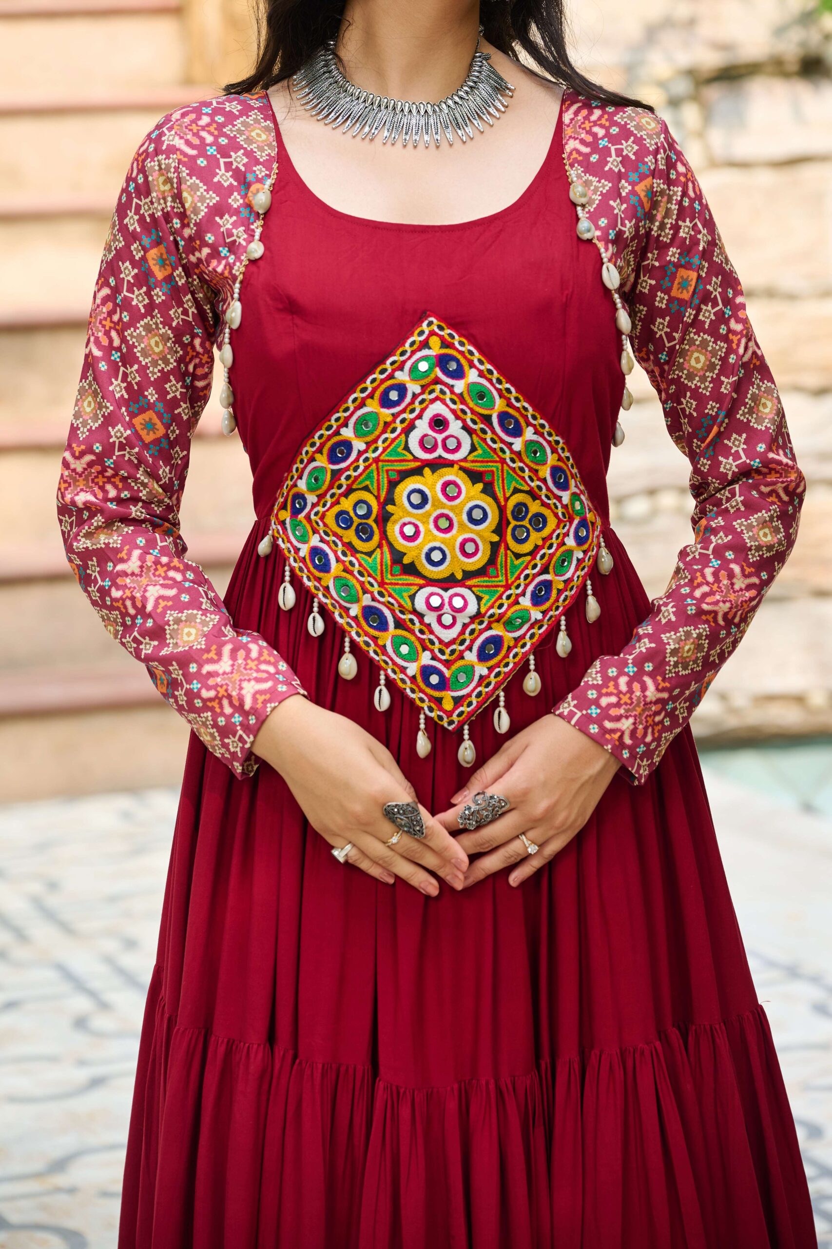 Maroon Navratri Special 14 Kg Reyon Designer Gown with Kutchi Gamthi & Cotton Print Work - Image 6