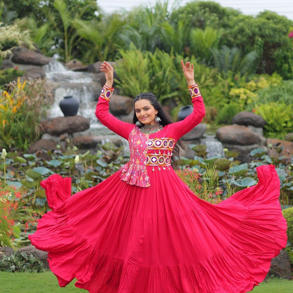 Pink Navratri Special Gown with Elegant Kutchi Embroidery