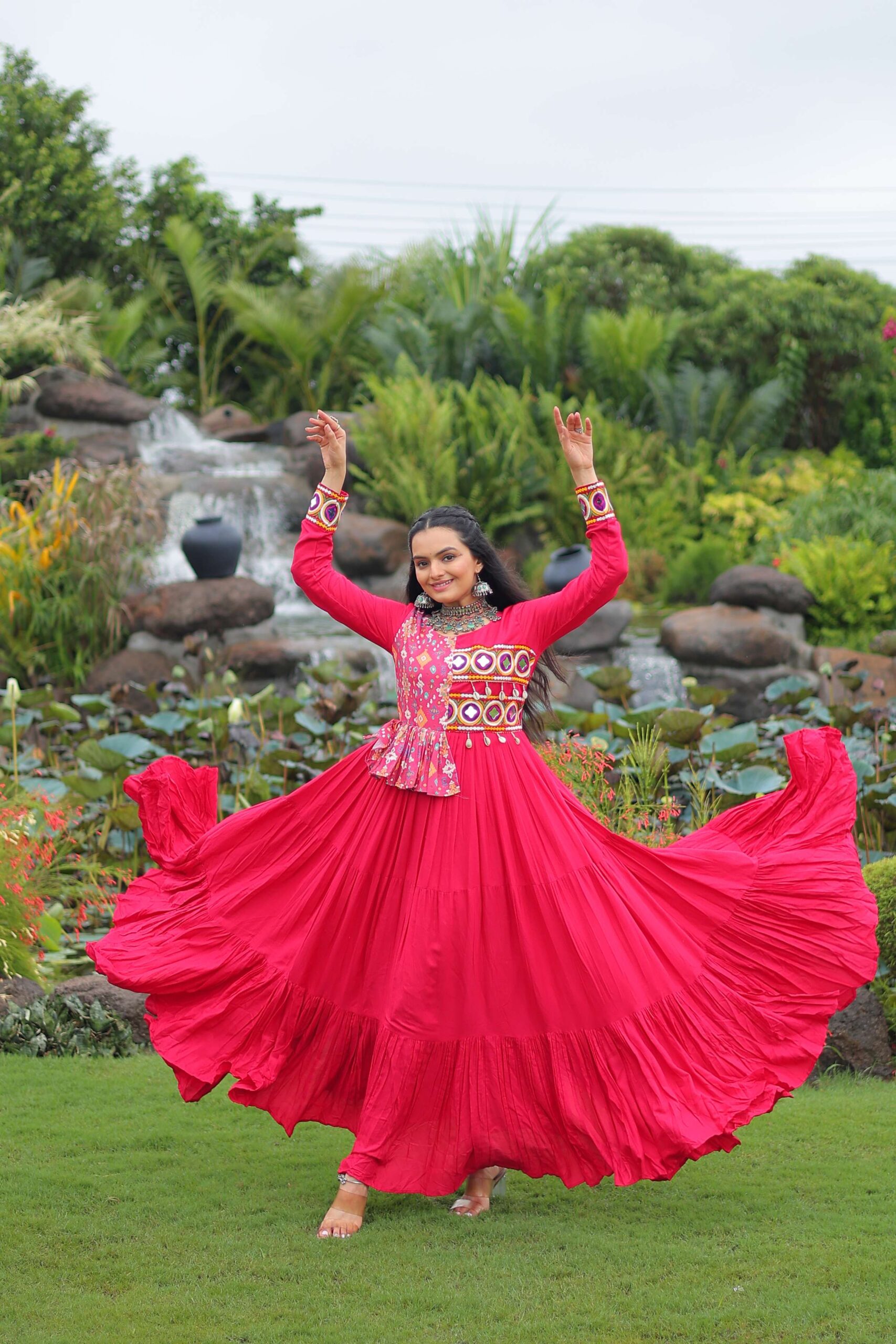 Pink Navratri Special Gown with Elegant Kutchi Embroidery