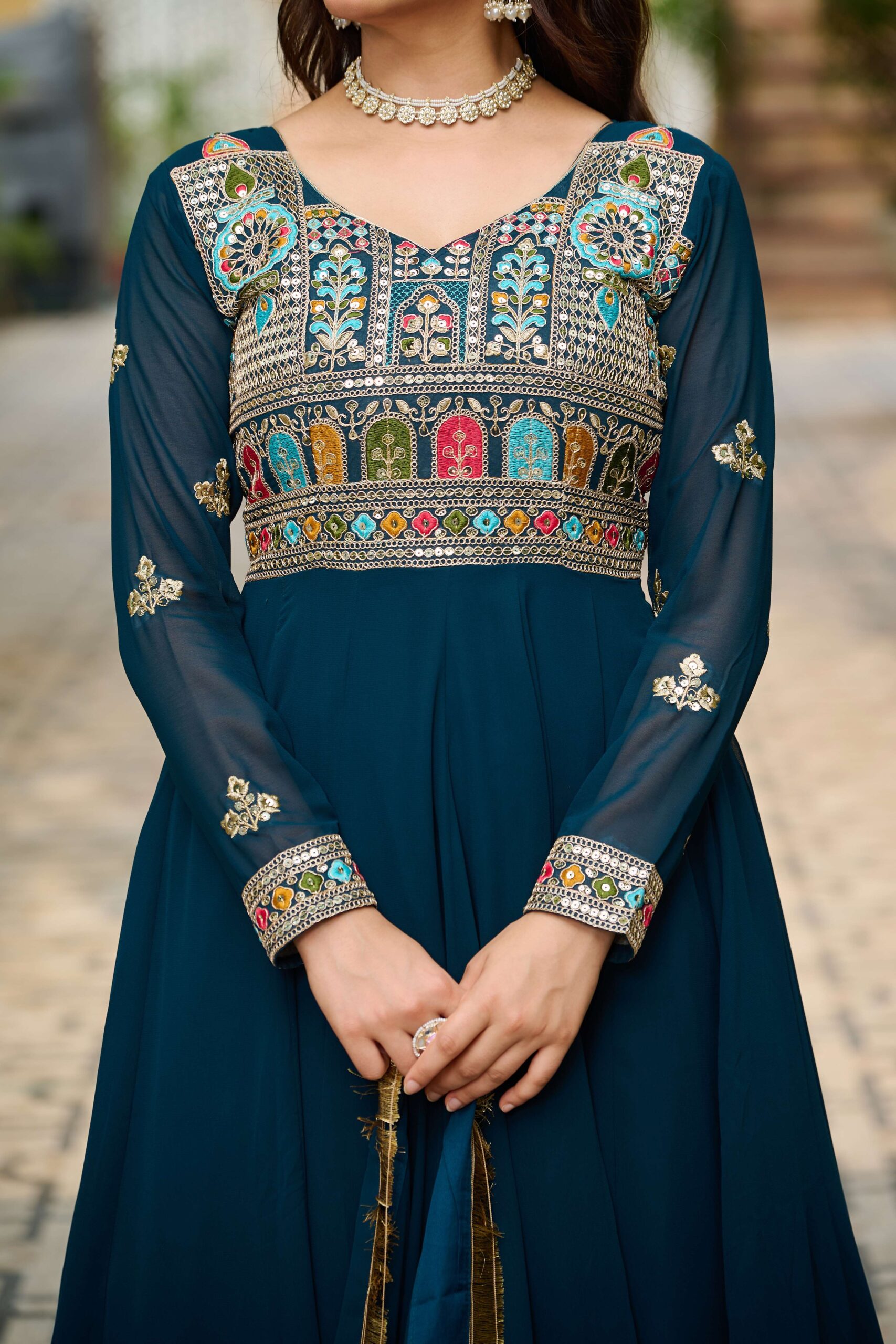 Rama Elegant Faux Blooming Designer Gown with Sequins & Multi-Thread Embroidery ? Ethnic Dupatta Set - Image 3