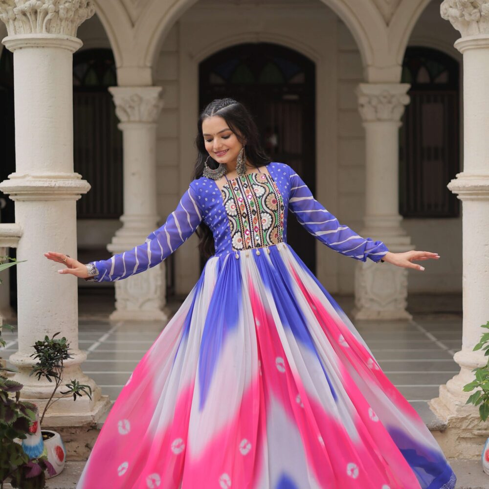 Purple Faux Georgette Bandhej Navratri Gown with Gamthi Embroidery & Mirror Work ? Elegant Ethnic Wear for Women