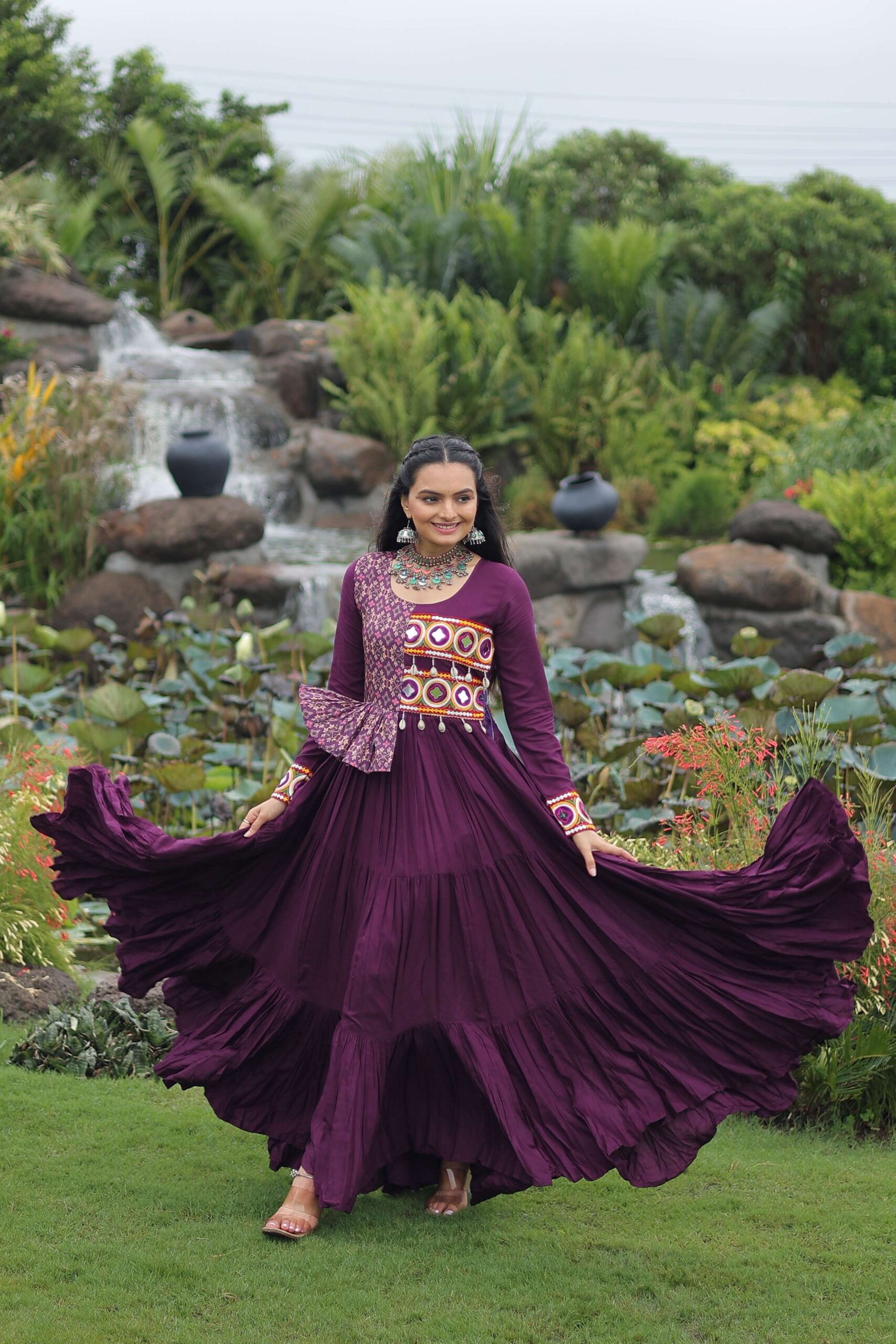 Wine Navratri Special Gown with Elegant Kutchi Embroidery - Image 6
