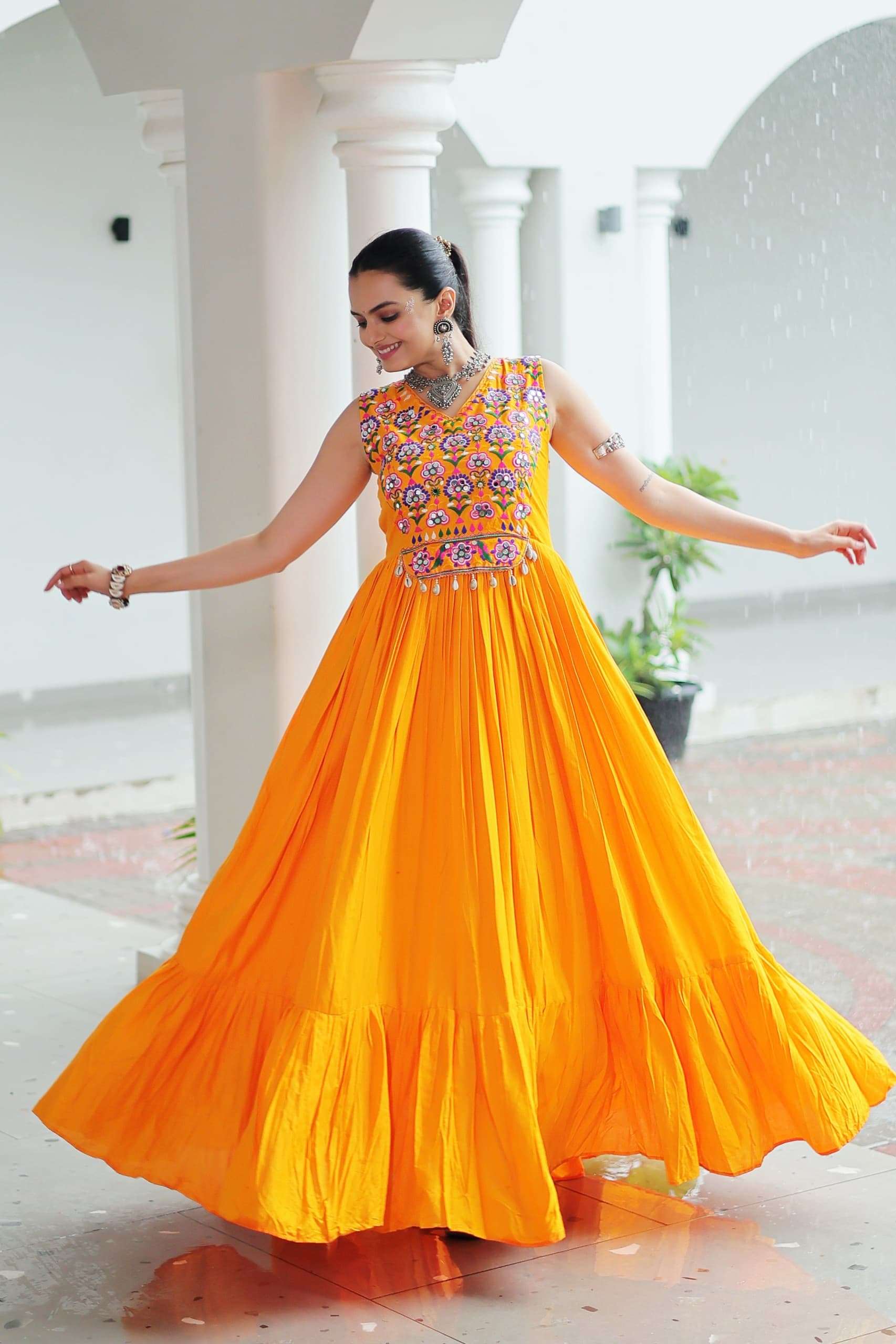 Yellow Elegant Kutchi Embroidered Frill Gown ? Perfect for Navratri Celebrations - Image 2