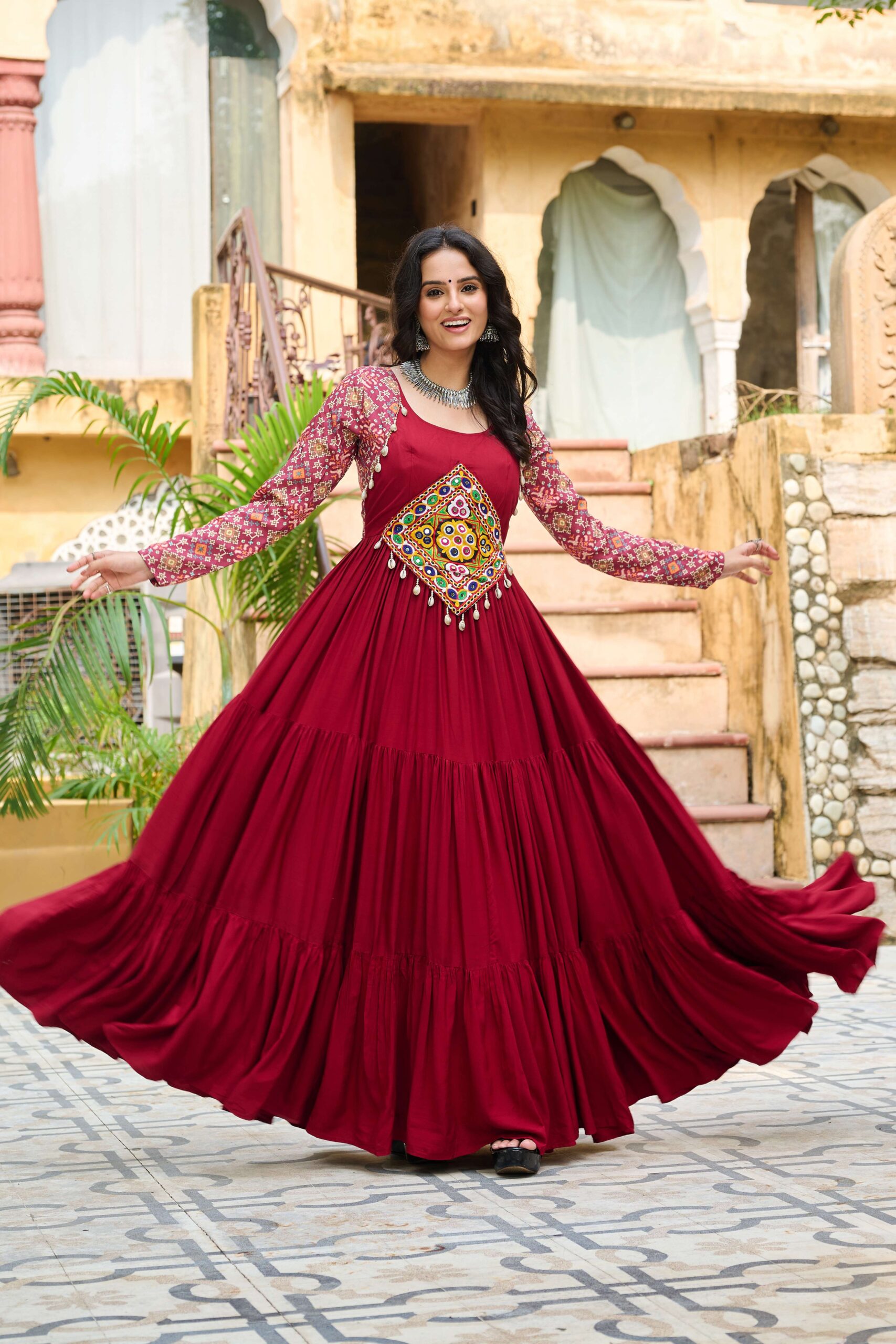 Maroon Navratri Special 14 Kg Reyon Designer Gown with Kutchi Gamthi & Cotton Print Work - Image 2