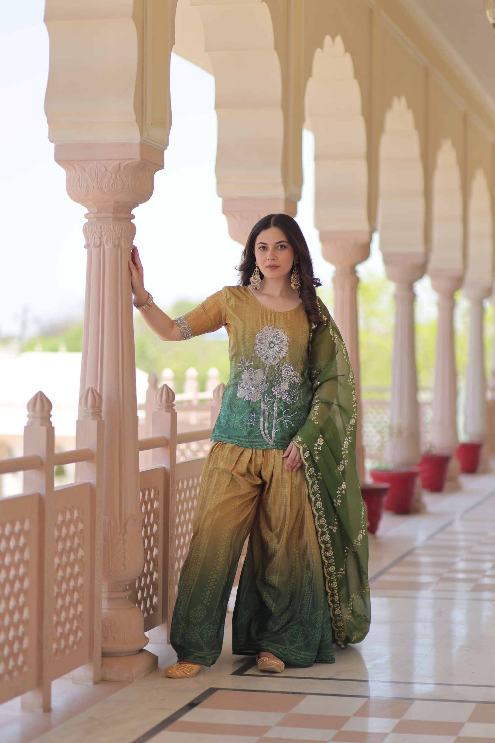 Green Premium Designer Chinnon Print Top-Sharara-Dupatta Set with Bead & Zari Work ? Elegant Ethnic Wear for Women - Image 2