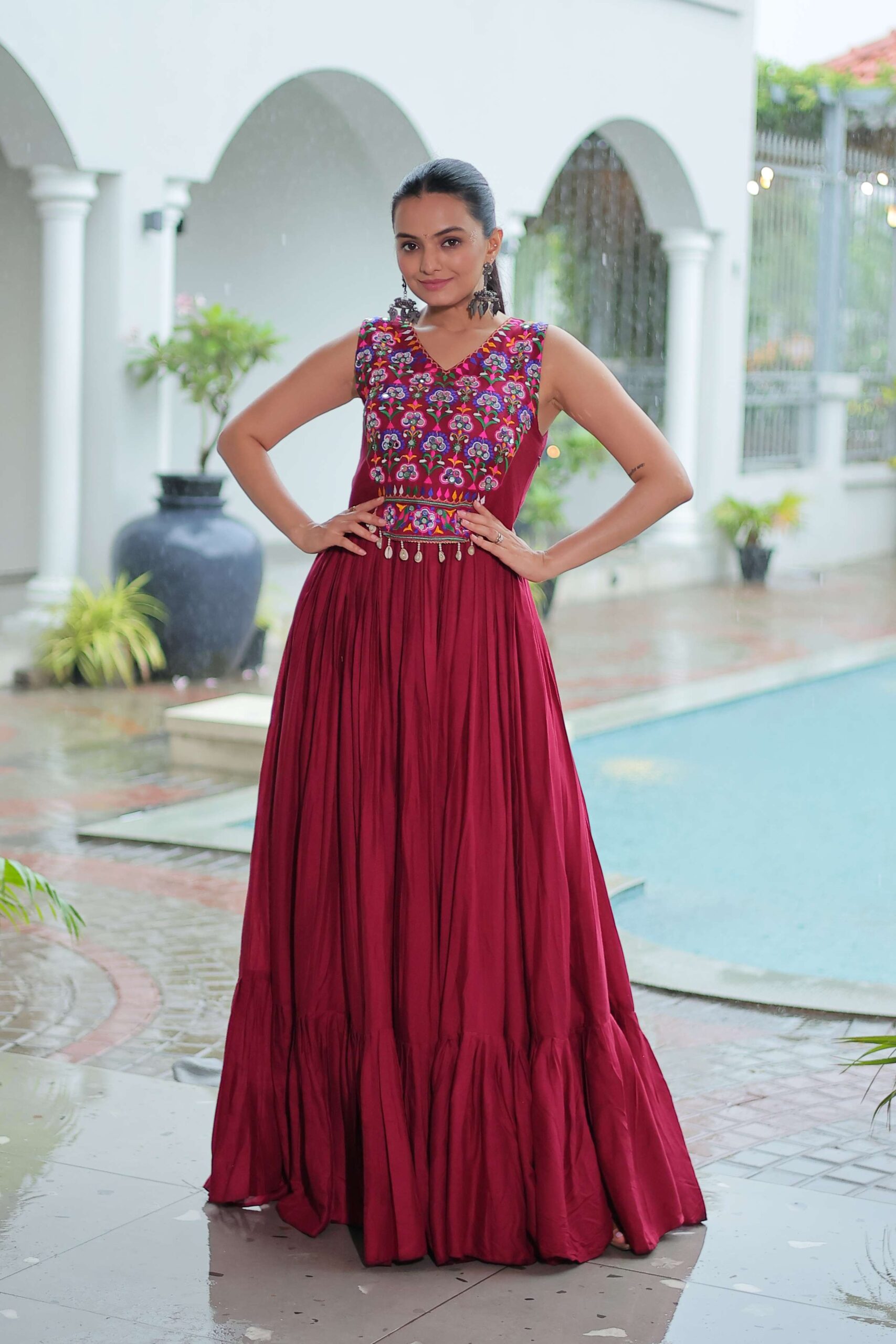 Maroon Elegant Kutchi Embroidered Frill Gown ? Perfect for Navratri Celebrations - Image 3