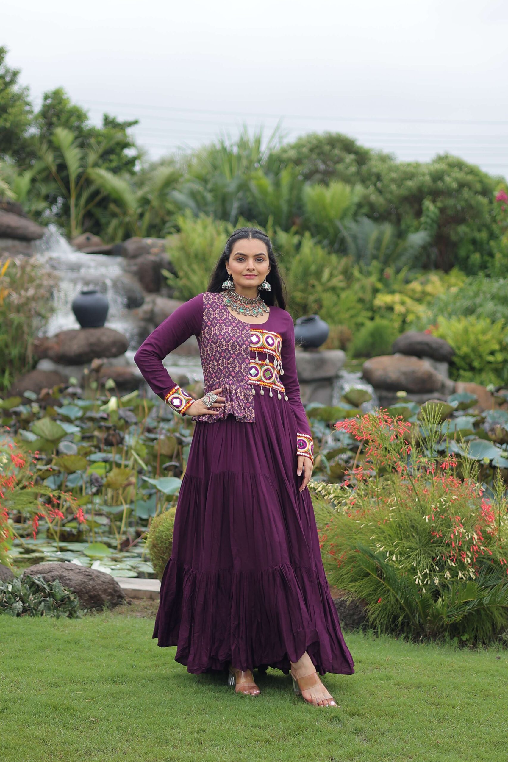 Wine Navratri Special Gown with Elegant Kutchi Embroidery - Image 5
