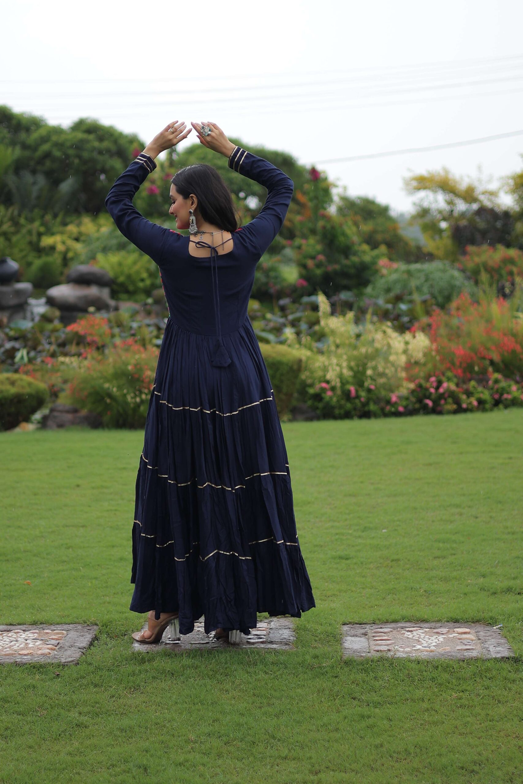 Navy-Blue Premium Navratri Gown with Kutchi Gamthi Embroidery, Mirror Work & Frill Detailing ? Elegant Ethnic Wear for Women