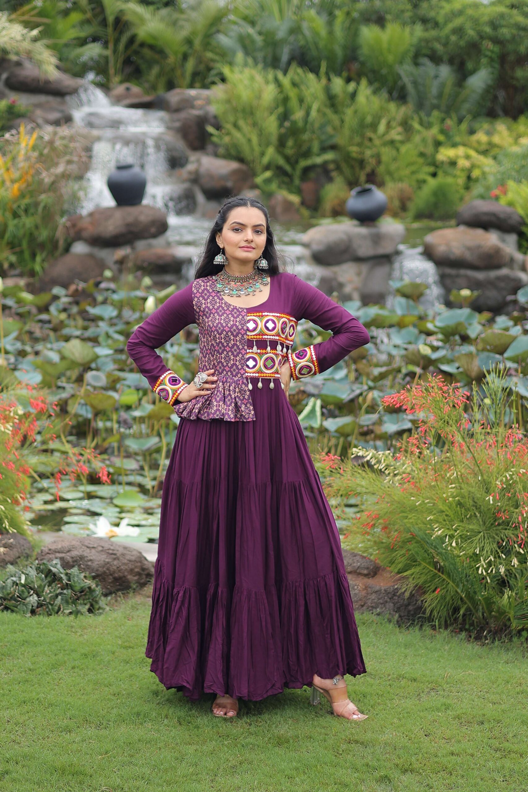 Wine Navratri Special Gown with Elegant Kutchi Embroidery - Image 4