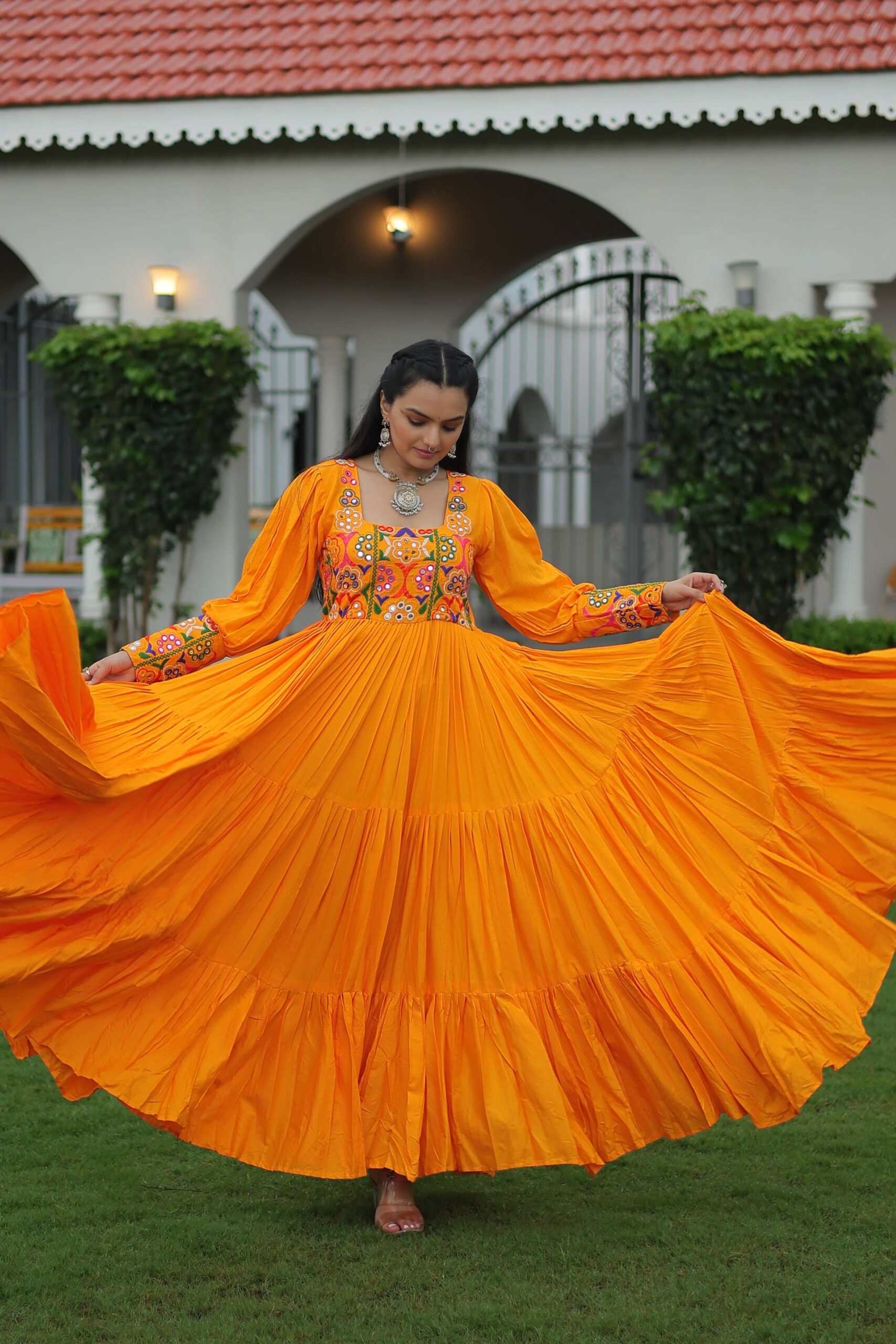 Yellow Navratri Special 14 Kg Reyon Designer Gown with Kutchi Gamthi Work ? Flared Ethnic Wear for Women - Image 8
