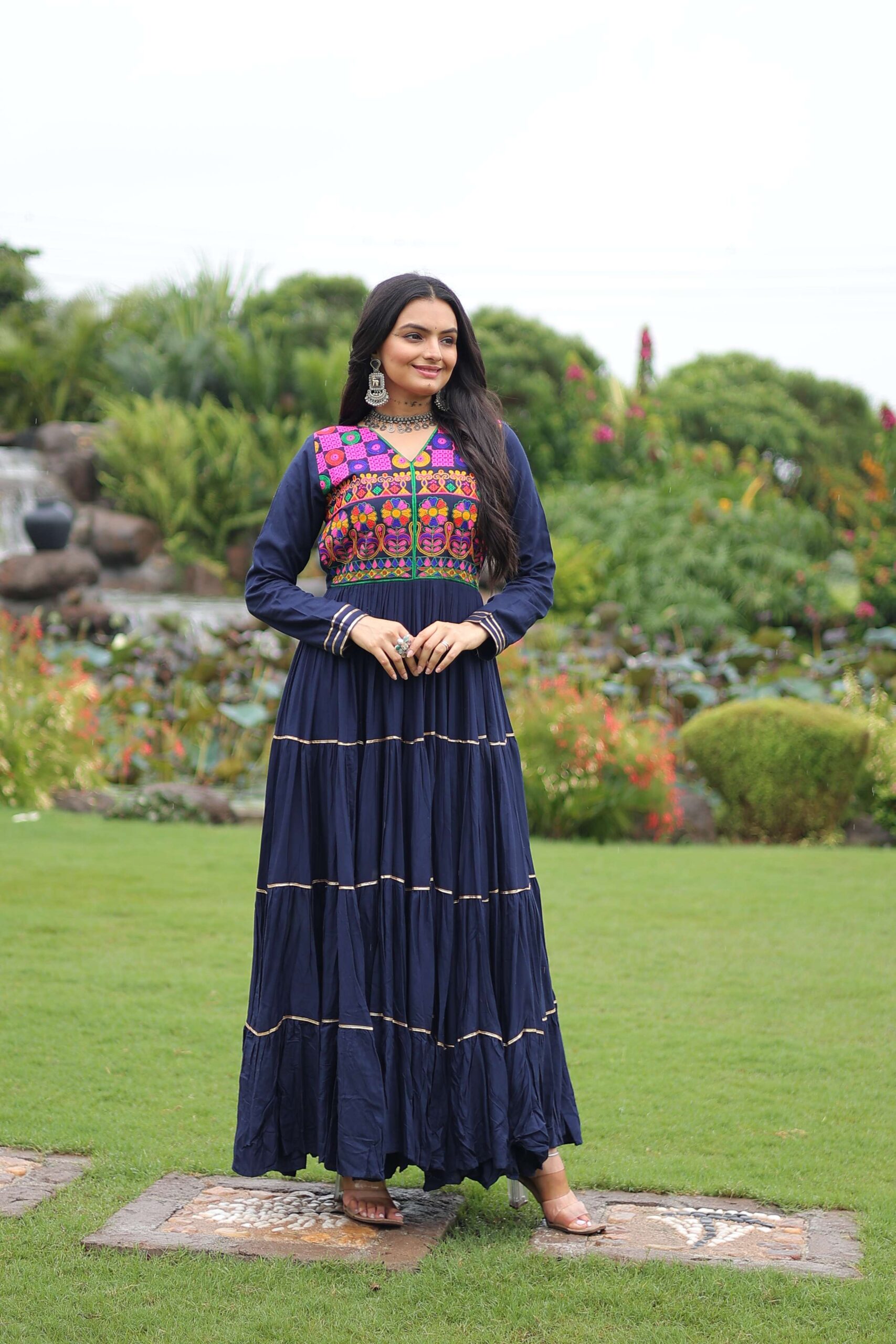 Navy-Blue Premium Navratri Gown with Kutchi Gamthi Embroidery, Mirror Work & Frill Detailing ? Elegant Ethnic Wear for Women - Image 2