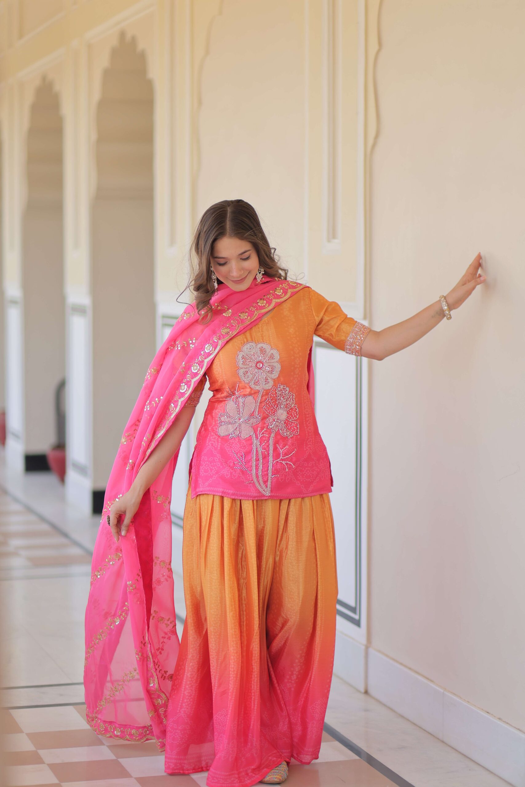 Pink Premium Designer Chinnon Print Top-Sharara-Dupatta Set with Bead & Zari Work ? Elegant Ethnic Wear for Women - Image 4