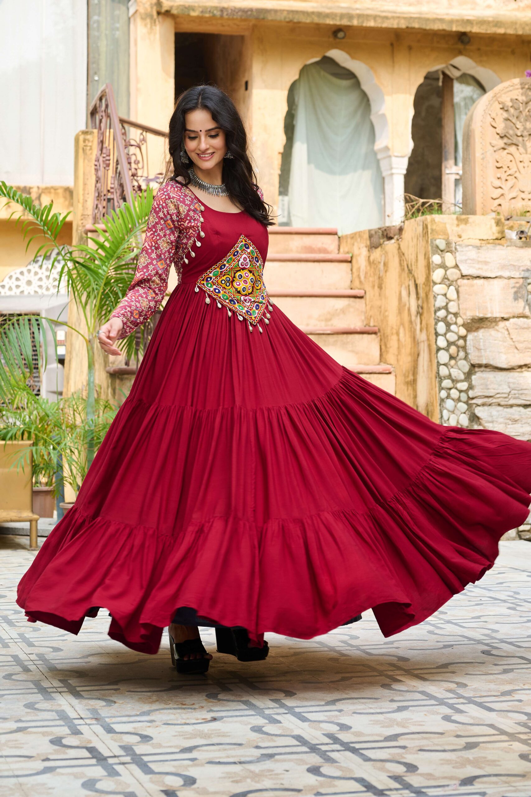 Maroon Navratri Special 14 Kg Reyon Designer Gown with Kutchi Gamthi & Cotton Print Work - Image 3