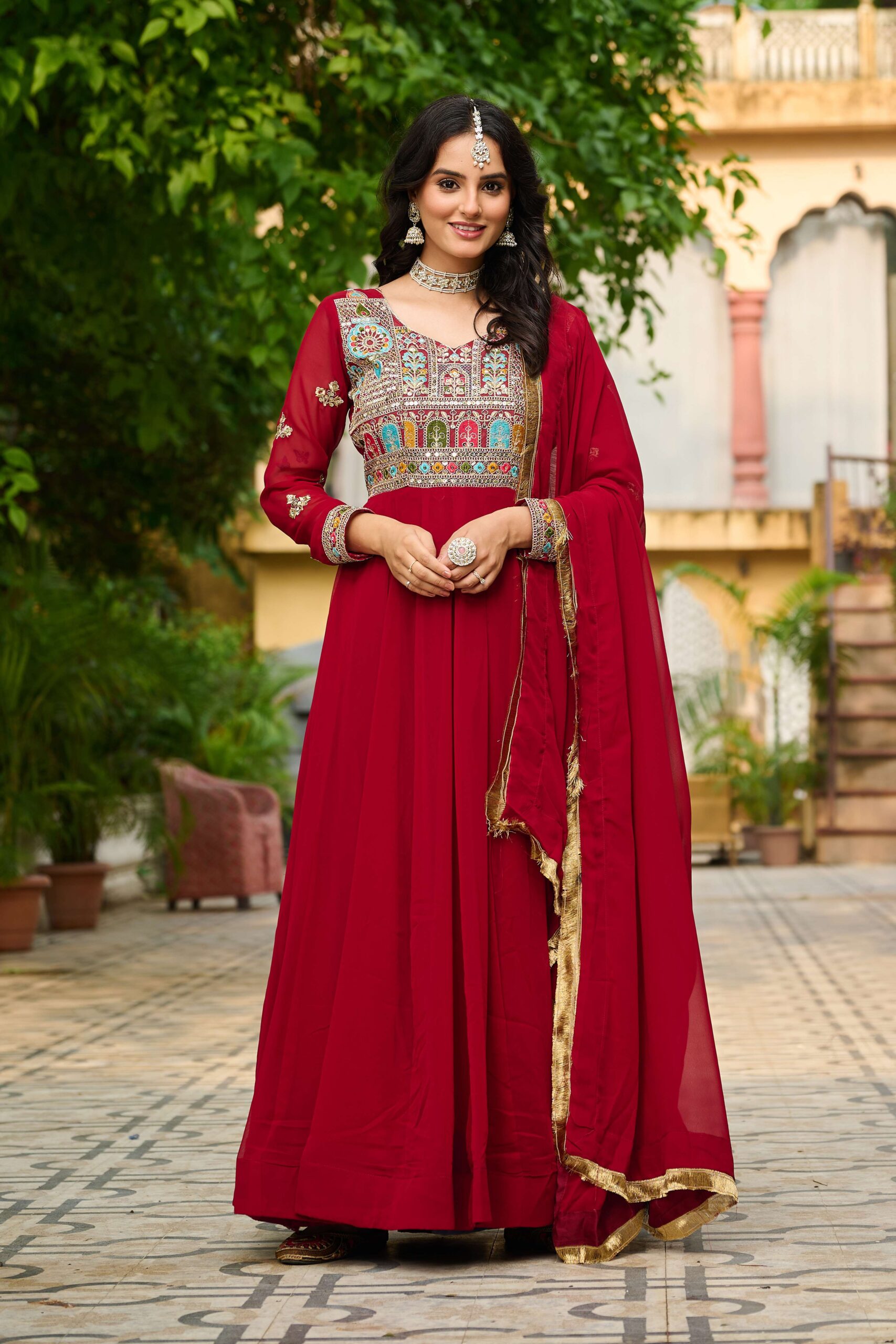 Maroon Elegant Faux Blooming Designer Gown with Sequins & Multi-Thread Embroidery ? Ethnic Dupatta Set - Image 4