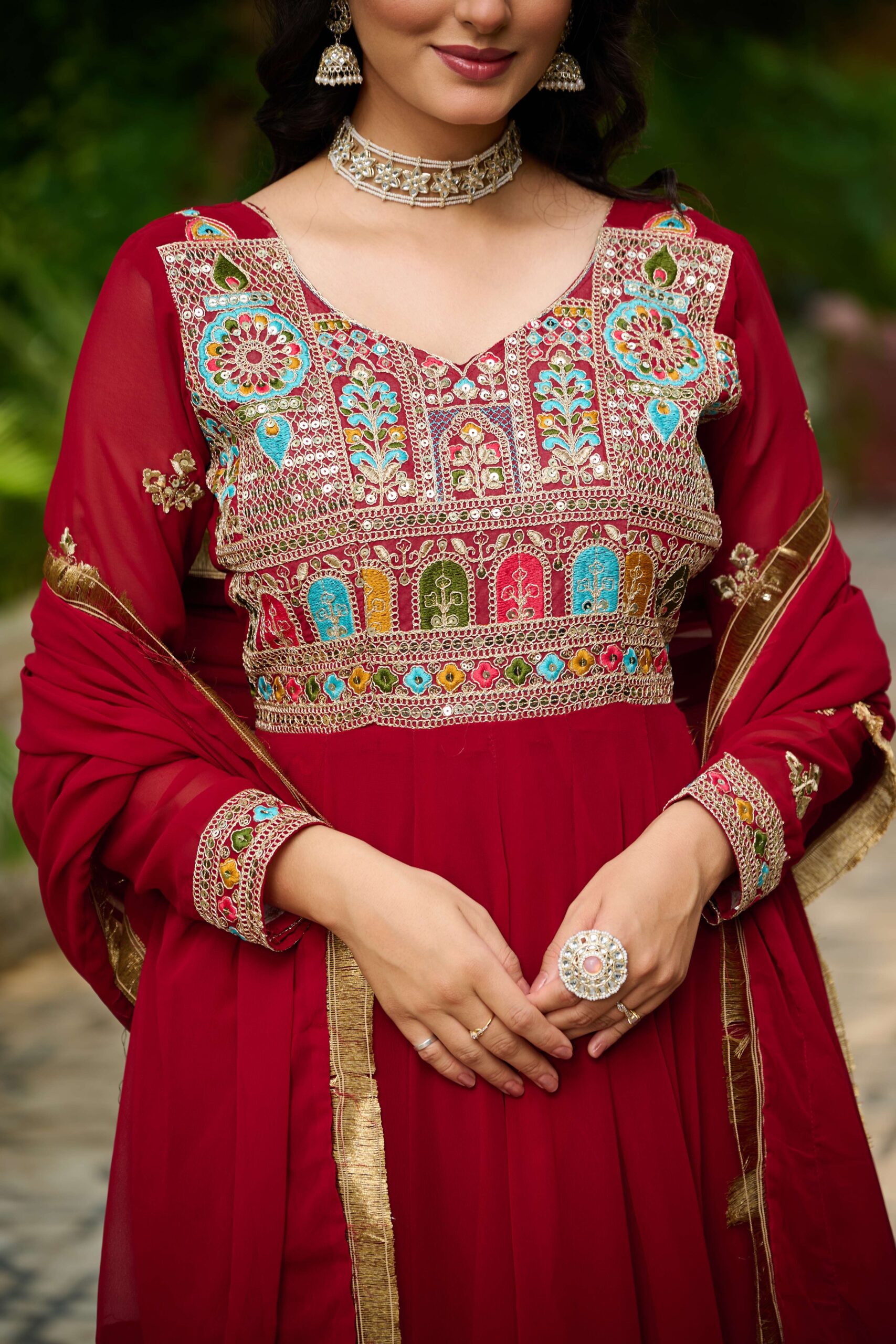 Maroon Elegant Faux Blooming Designer Gown with Sequins & Multi-Thread Embroidery ? Ethnic Dupatta Set - Image 2