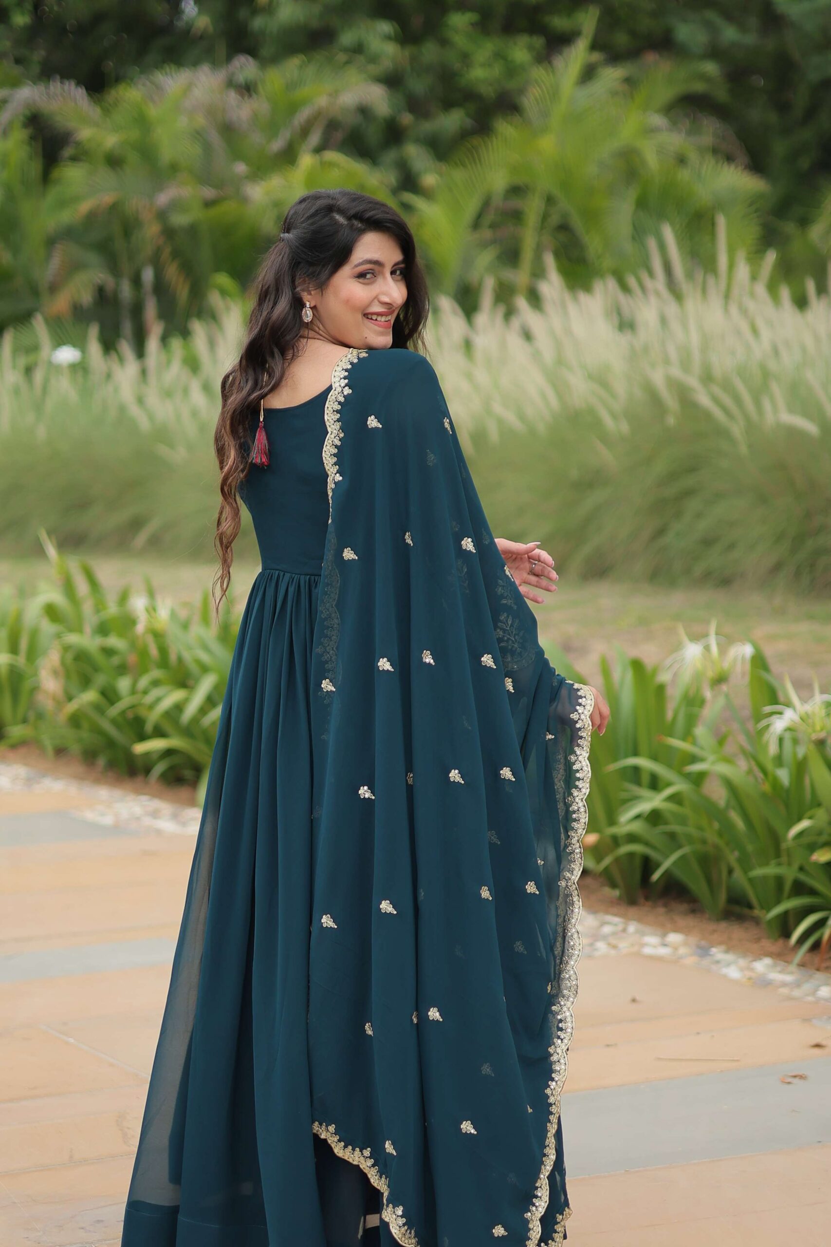 Teal-Blue Elegant Kutchi Gamthi Work Reyon Gown with Heavy Flair - Image 8
