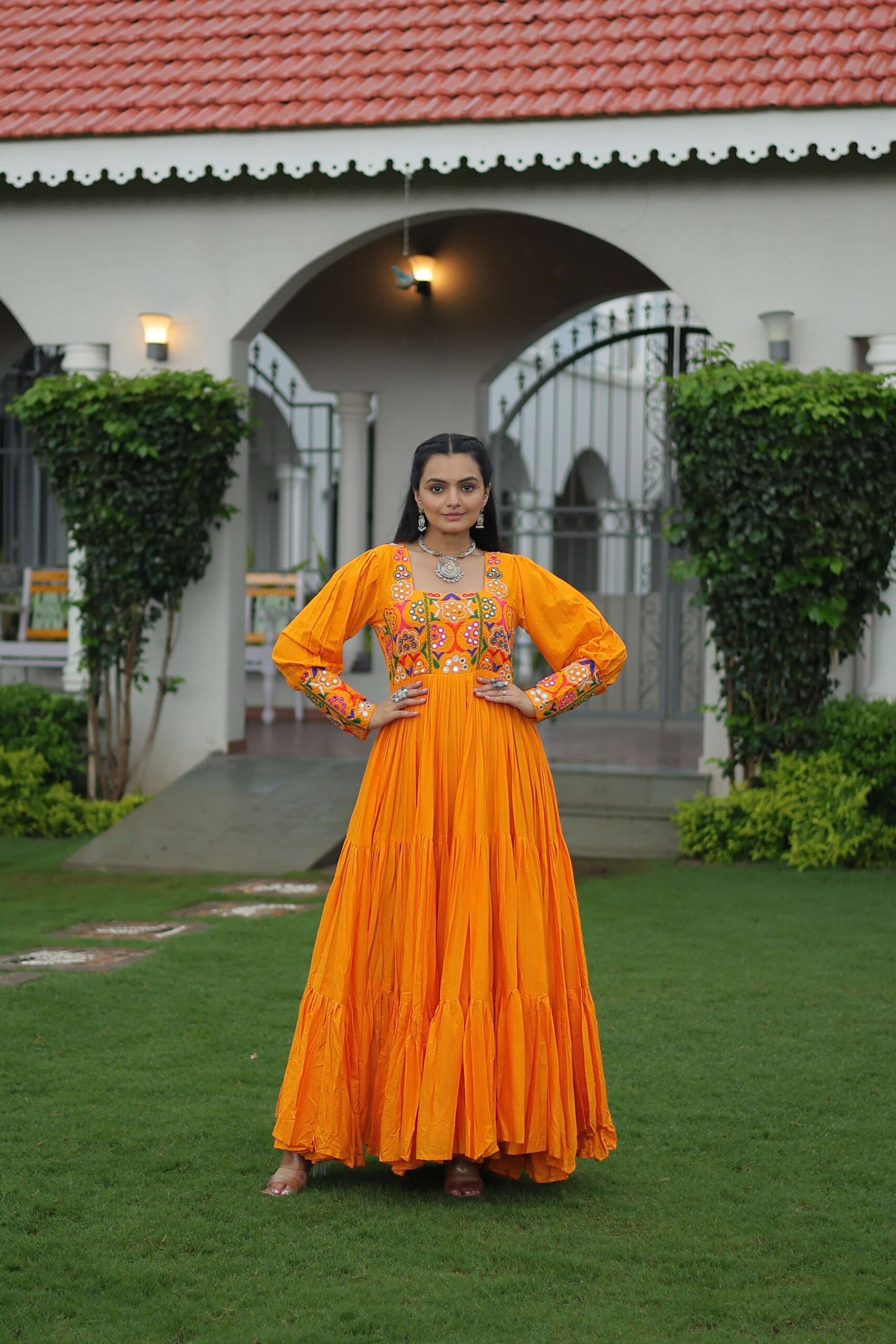 Yellow Navratri Special 14 Kg Reyon Designer Gown with Kutchi Gamthi Work ? Flared Ethnic Wear for Women - Image 4