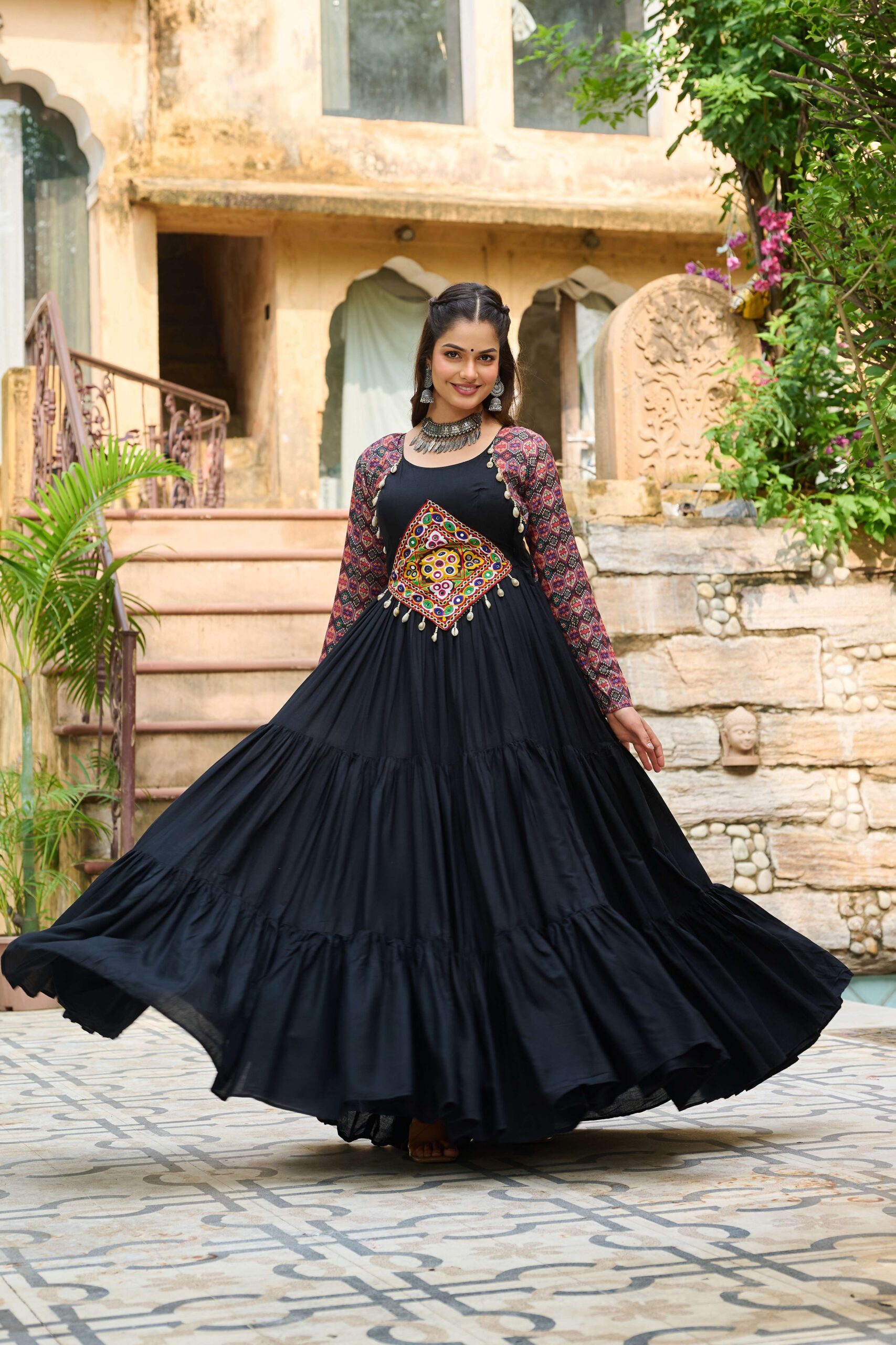 Black Navratri Special 14 Kg Reyon Designer Gown with Kutchi Gamthi & Cotton Print Work - Image 4