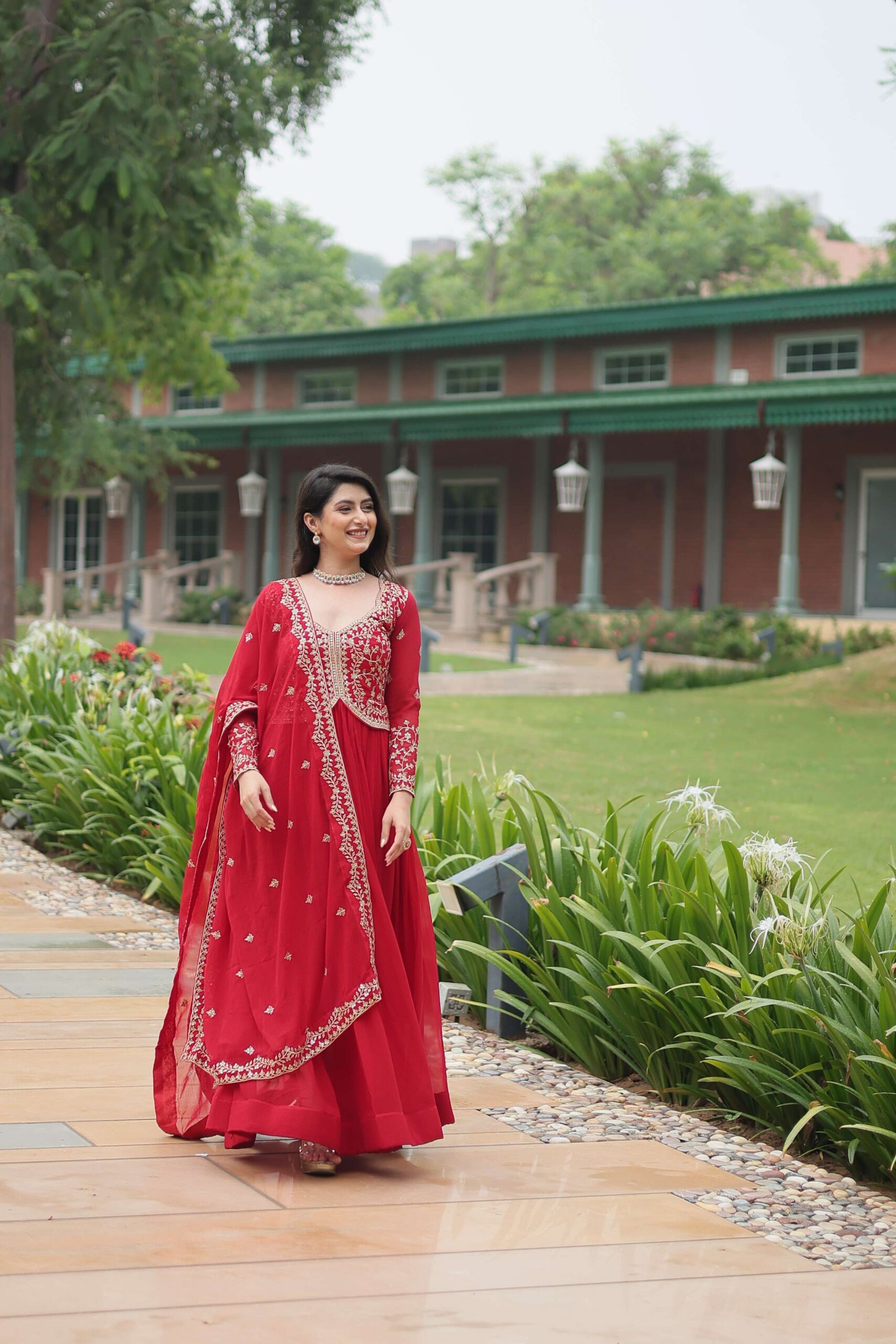 Red Faux Blooming Sequins & Zari Embroidered Gown with Matching Dupatta - Image 8