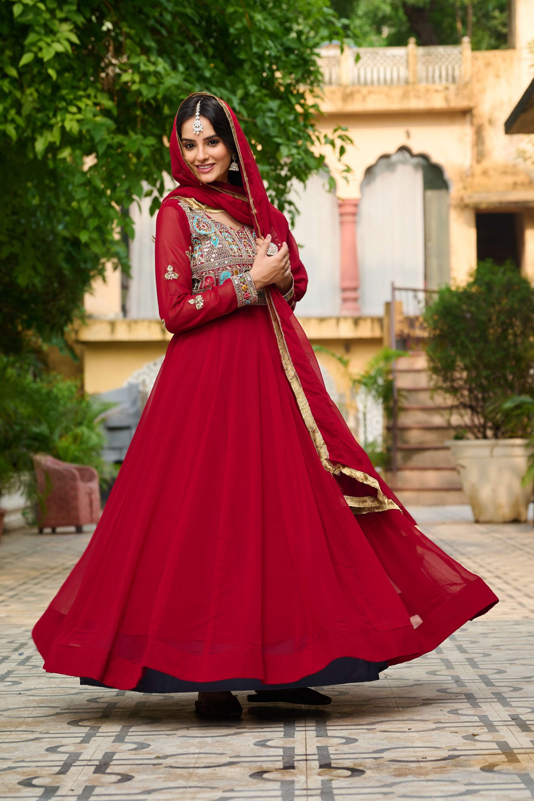 Maroon Elegant Faux Blooming Designer Gown with Sequins & Multi-Thread Embroidery ? Ethnic Dupatta Set - Image 7