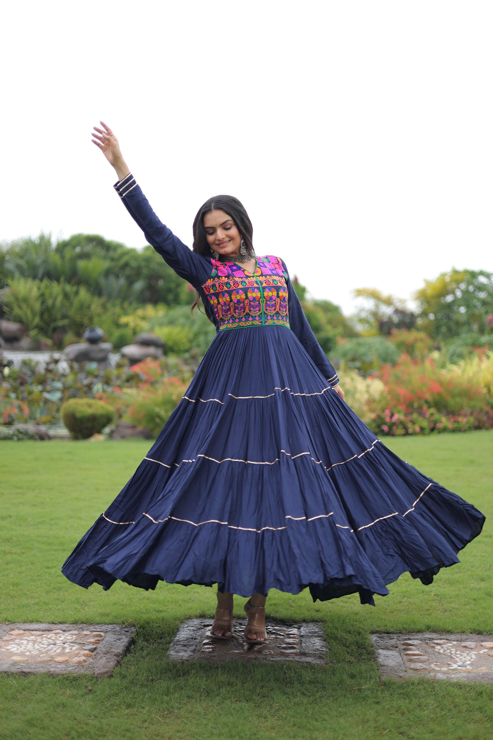 Navy-Blue Premium Navratri Gown with Kutchi Gamthi Embroidery, Mirror Work & Frill Detailing ? Elegant Ethnic Wear for Women - Image 8