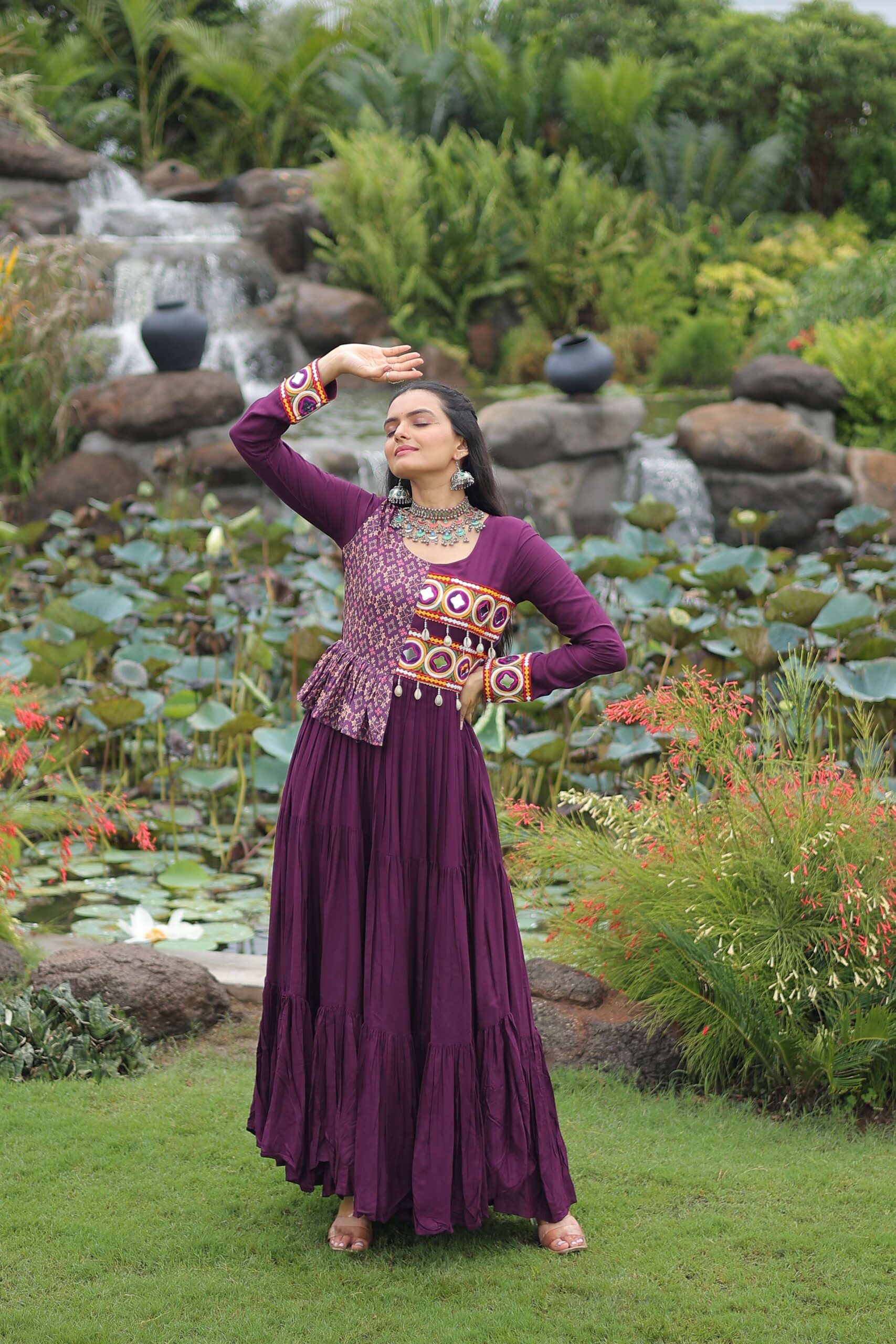 Wine Navratri Special Gown with Elegant Kutchi Embroidery - Image 2