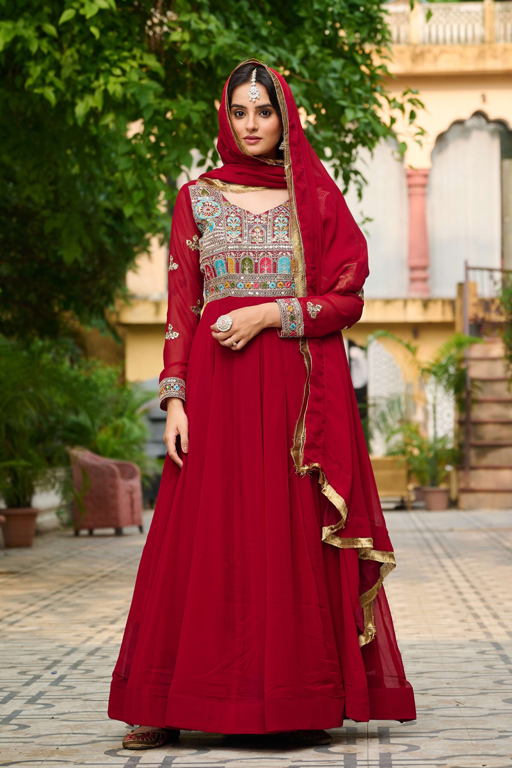 Maroon Elegant Faux Blooming Designer Gown with Sequins & Multi-Thread Embroidery ? Ethnic Dupatta Set - Image 5
