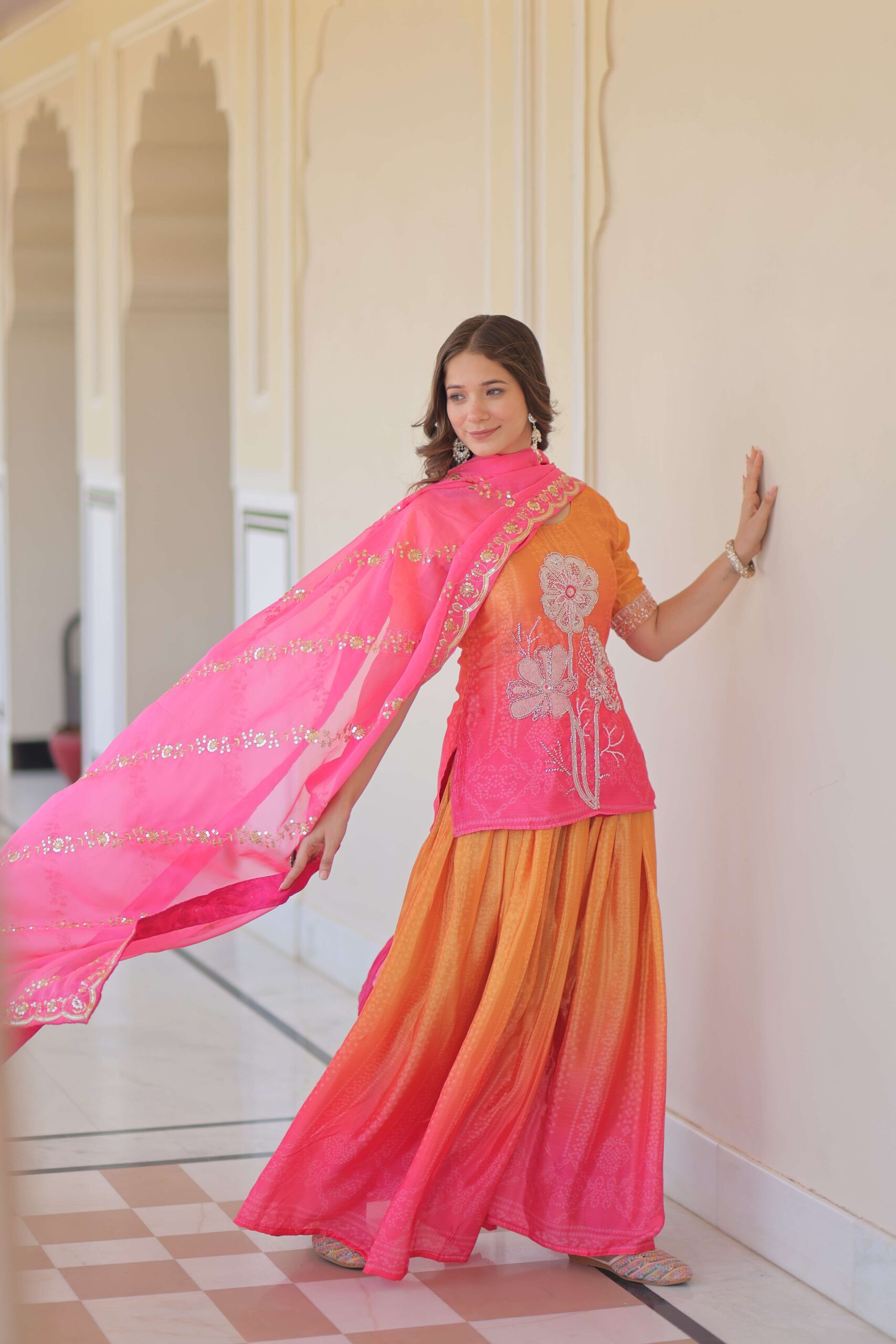 Pink Premium Designer Chinnon Print Top-Sharara-Dupatta Set with Bead & Zari Work ? Elegant Ethnic Wear for Women