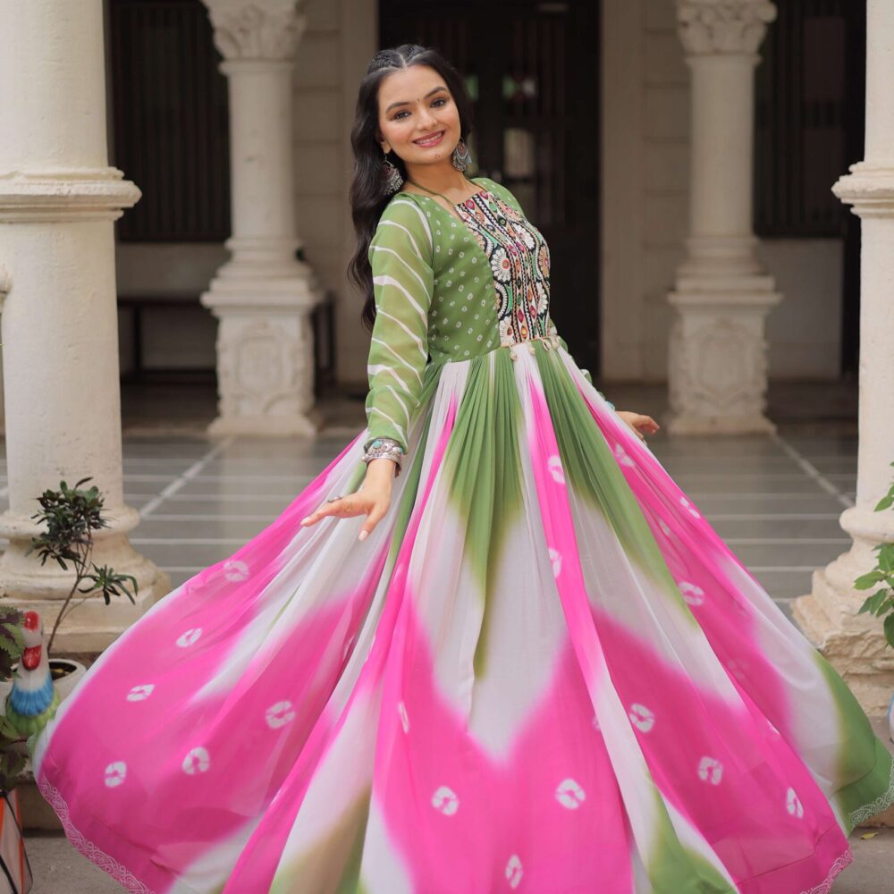 Pista Faux Georgette Bandhej Navratri Gown with Gamthi Embroidery & Mirror Work ? Elegant Ethnic Wear for Women