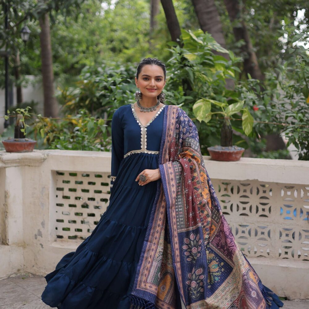 Blue Gown with Dupatta ? Frill Stitching & Mirror Lace Work Ethnic Set for Women