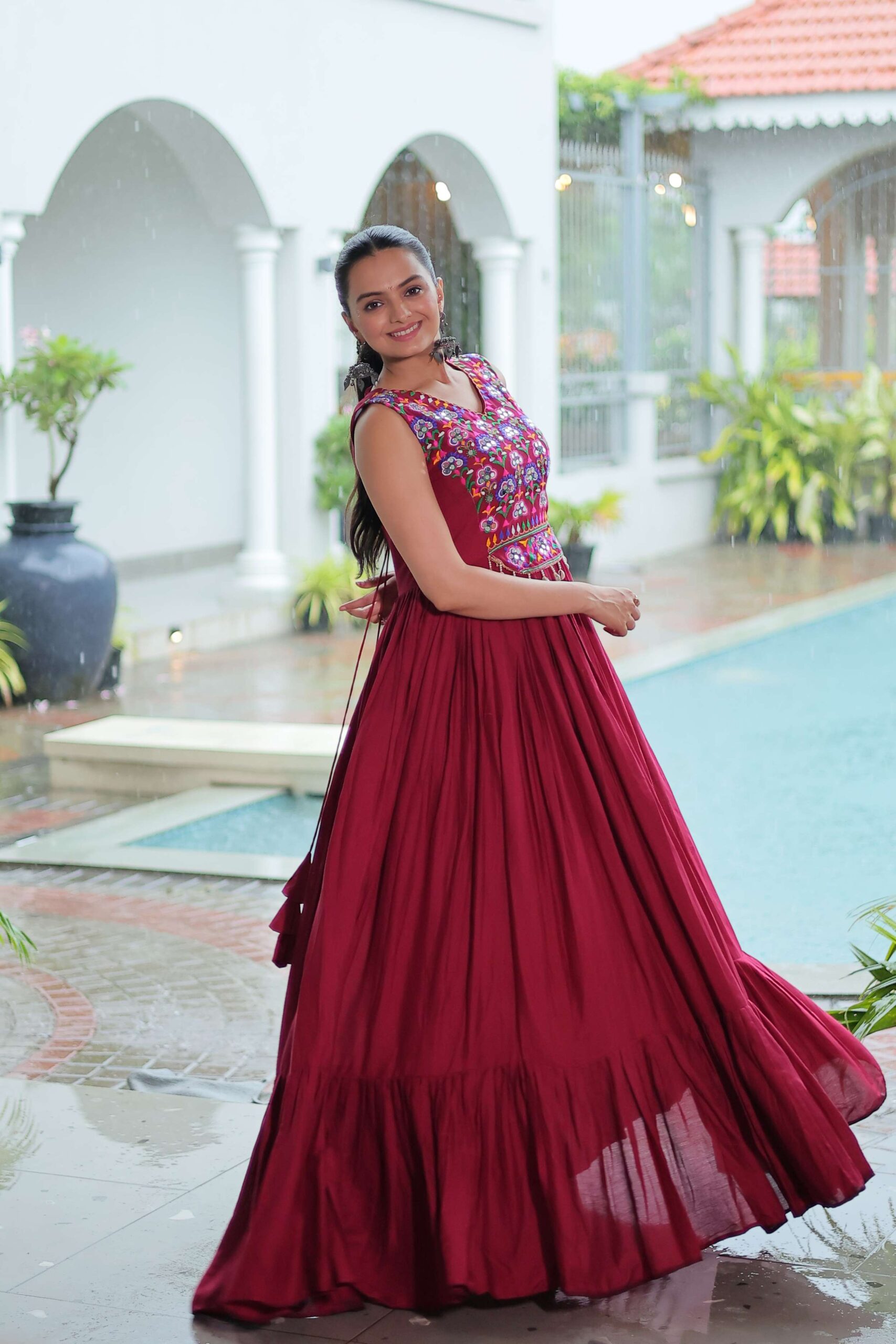 Maroon Elegant Kutchi Embroidered Frill Gown ? Perfect for Navratri Celebrations - Image 6