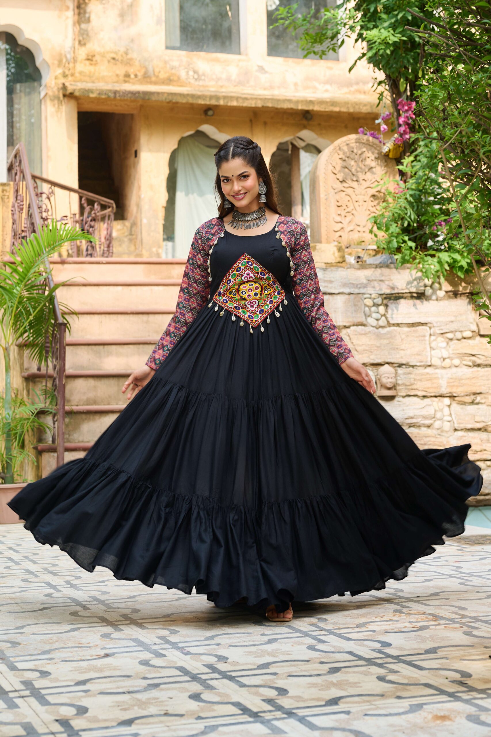 Black Navratri Special 14 Kg Reyon Designer Gown with Kutchi Gamthi & Cotton Print Work - Image 5