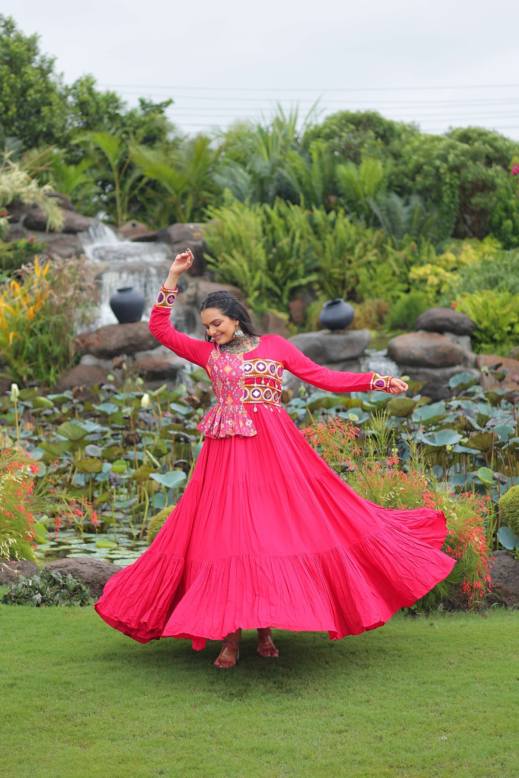 Pink Navratri Special Gown with Elegant Kutchi Embroidery - Image 3