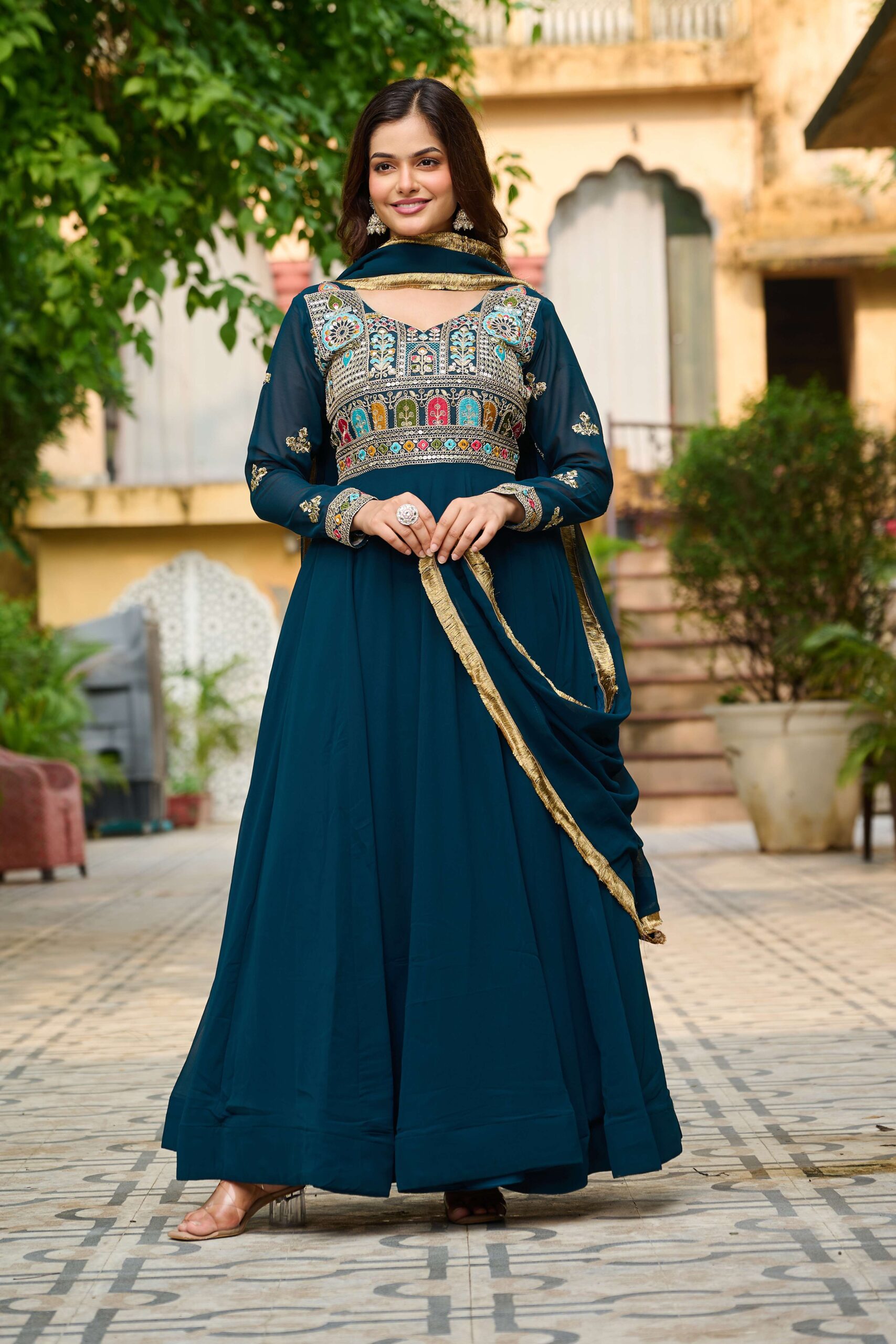 Rama Elegant Faux Blooming Designer Gown with Sequins & Multi-Thread Embroidery ? Ethnic Dupatta Set - Image 5