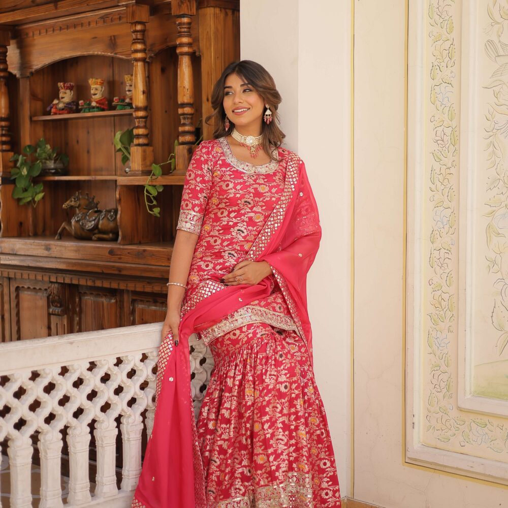 Pink Faux Blooming Sequins Embroidered Sharara Set with Matching Dupatta ? Festive & Party Wear 2024